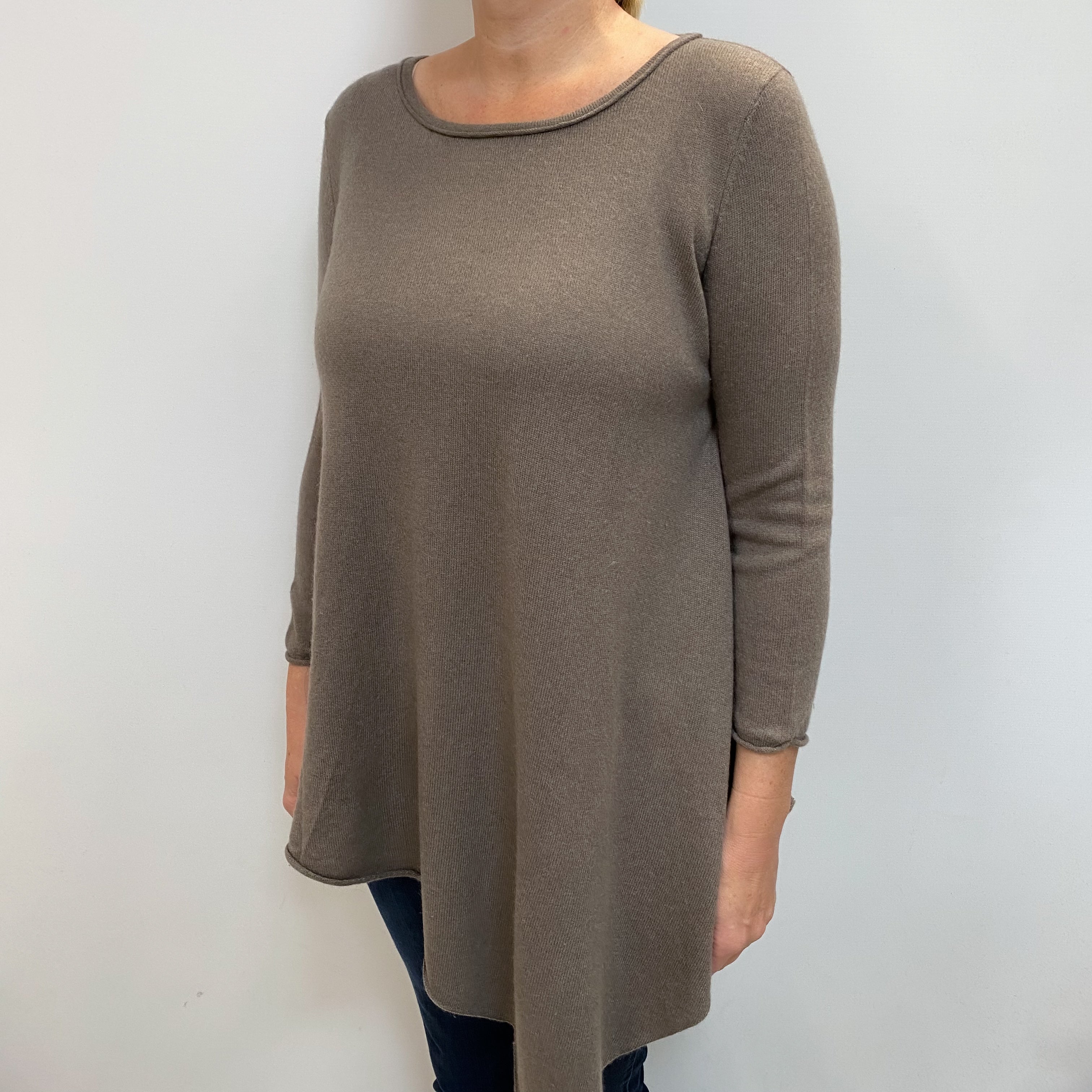 Stone Brown Cashmere Asymmetric Crew Neck Jumper Large