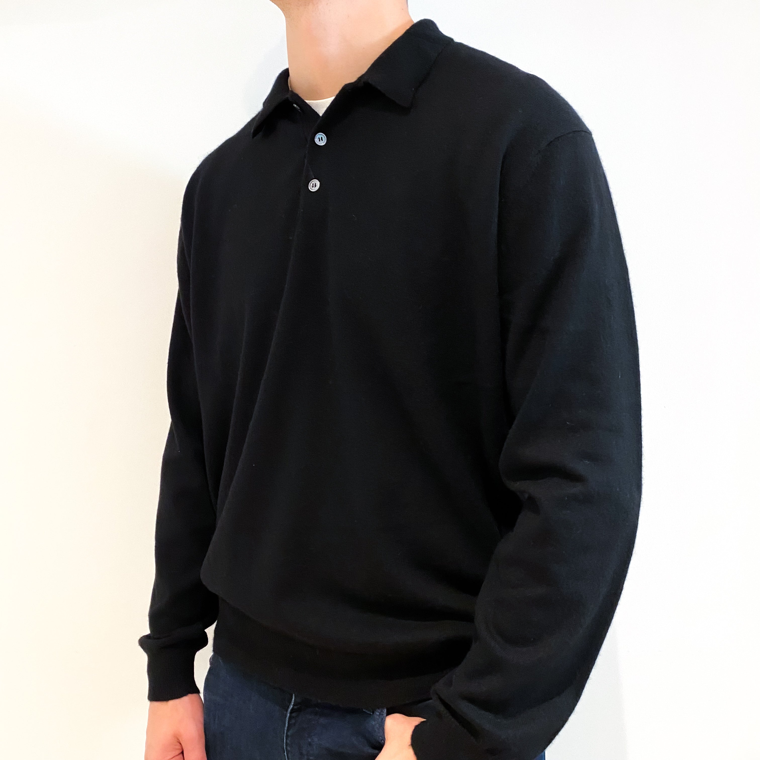 Men's Black Cashmere Collared 1/4 Button Jumper XXL
