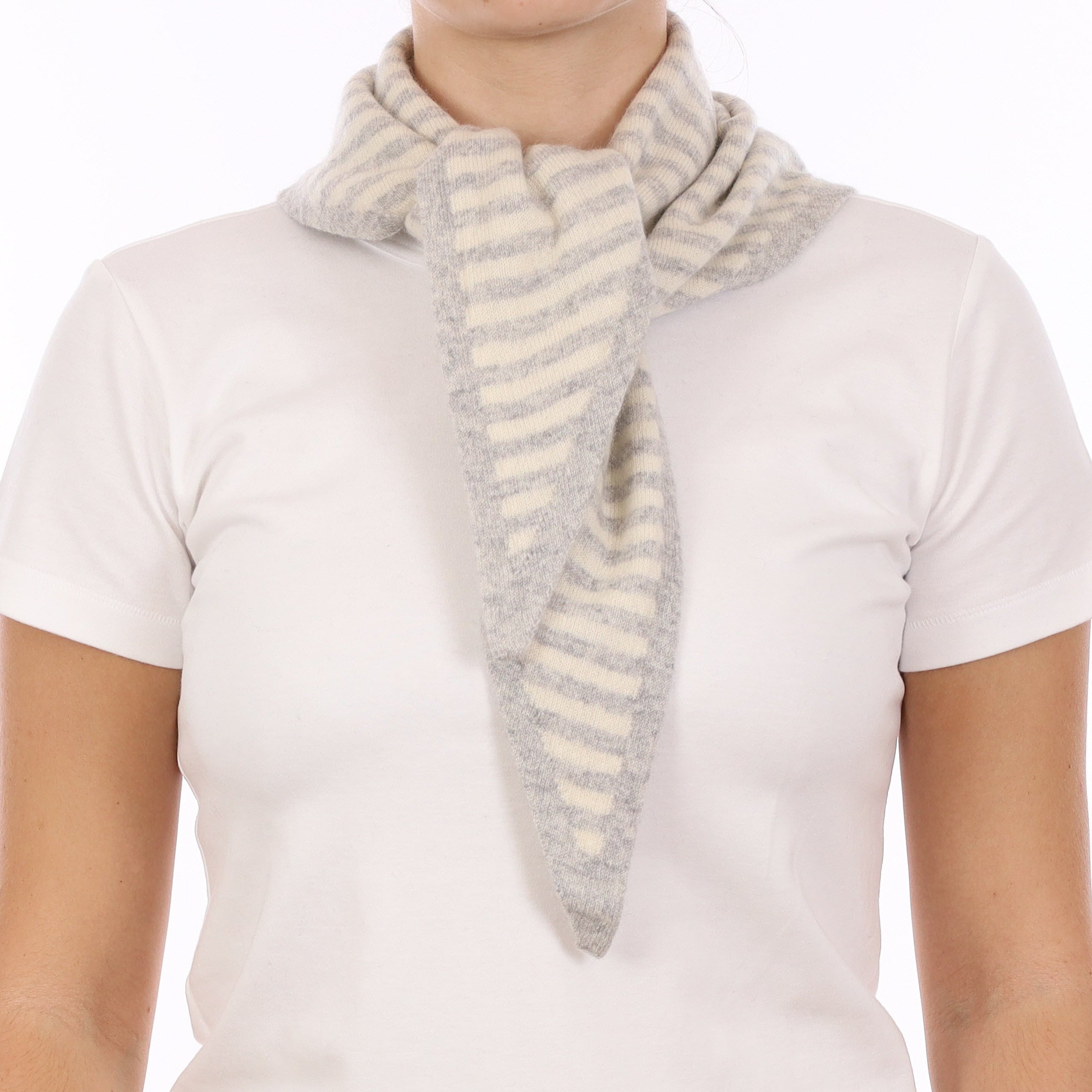 Brand New Mist Grey and Chalk Striped Recycled Cashmere Triangle Scarf