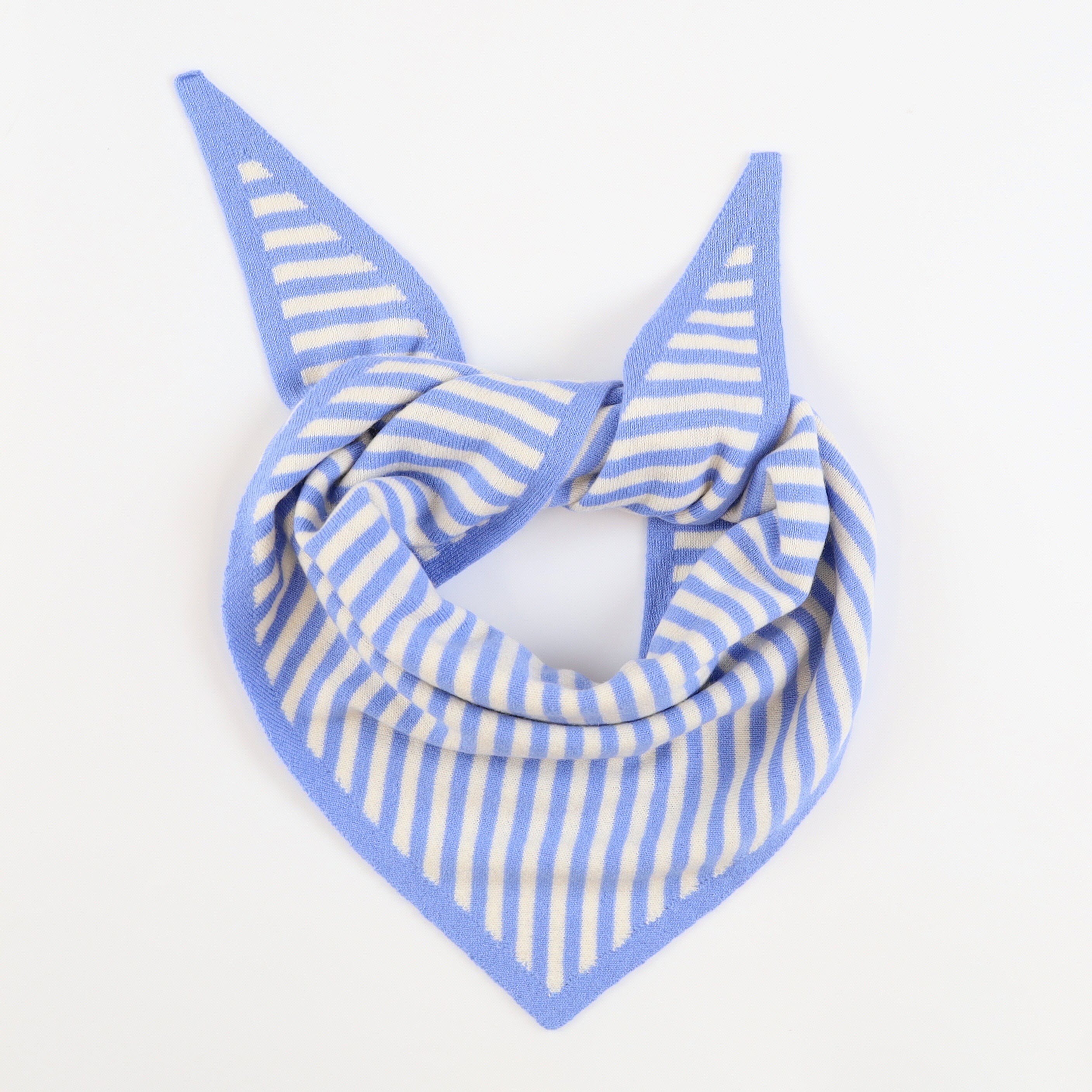 Brand New Cornflower and Chalk Striped Recycled Cashmere Triangle Scarf