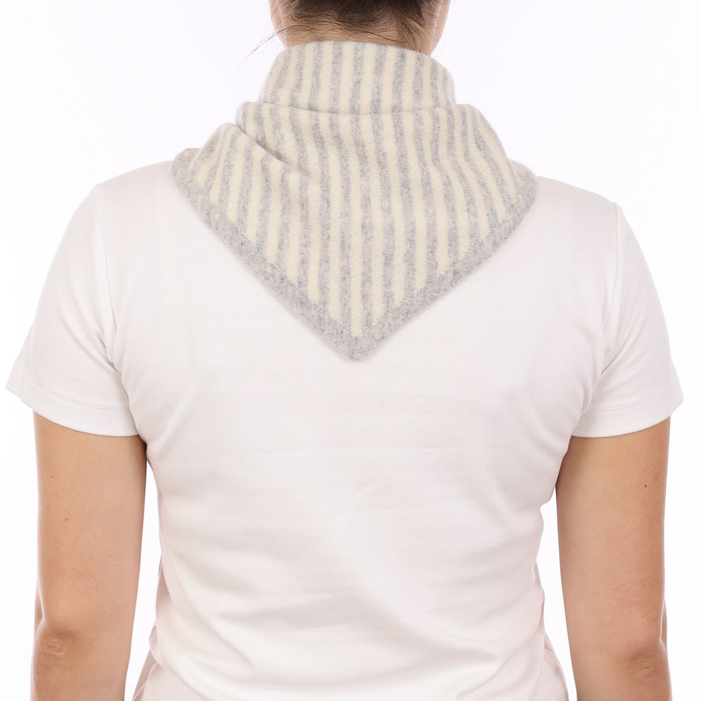 Brand New Mist Grey and Chalk Striped Recycled Cashmere Triangle Scarf