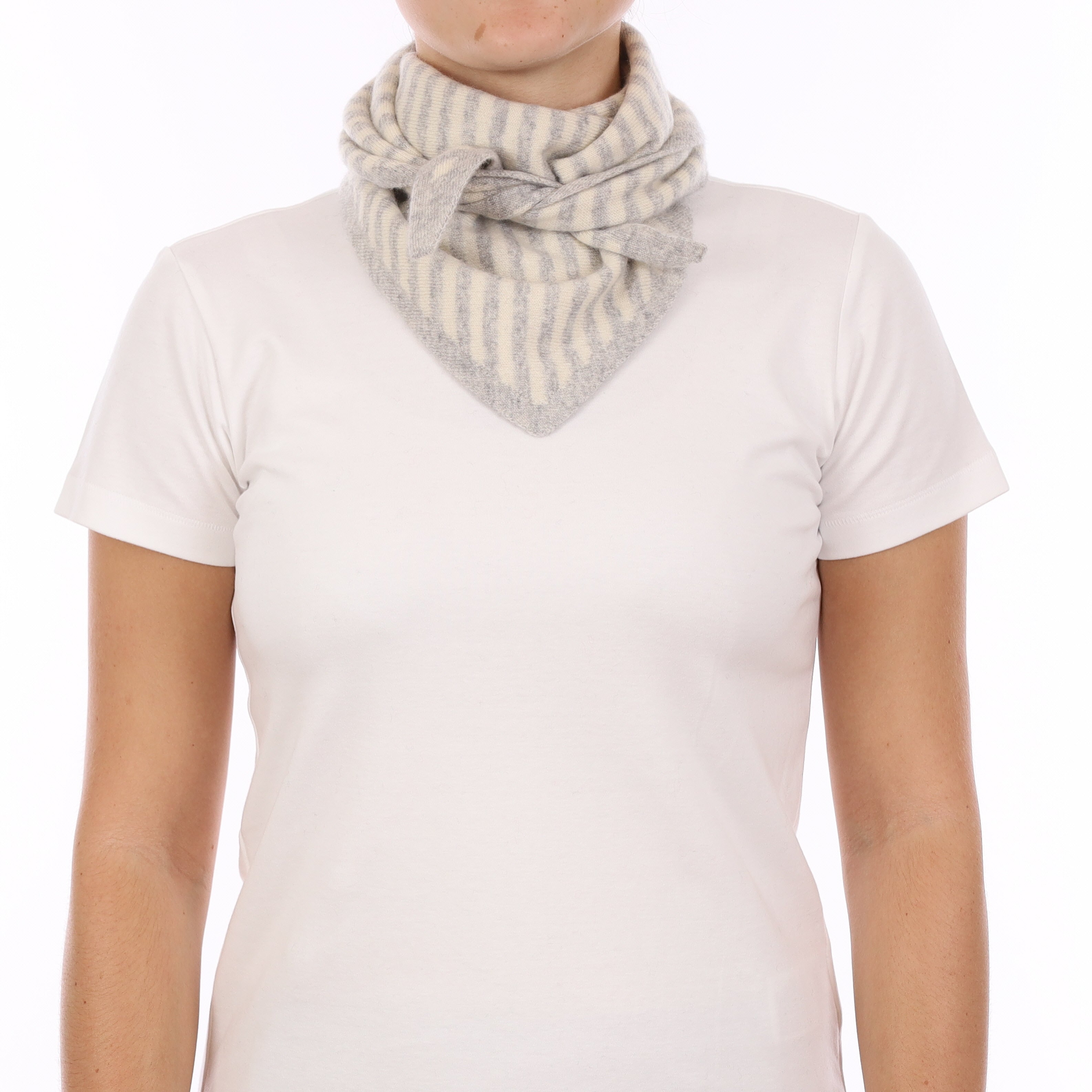 Brand New Mist Grey and Chalk Striped Recycled Cashmere Triangle Scarf