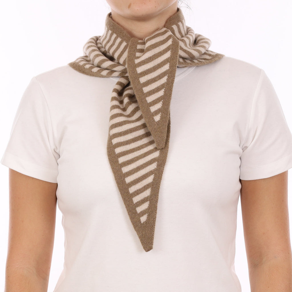 Brand New Latte and Sand Beige Striped Recycled Cashmere Triangle Scarf