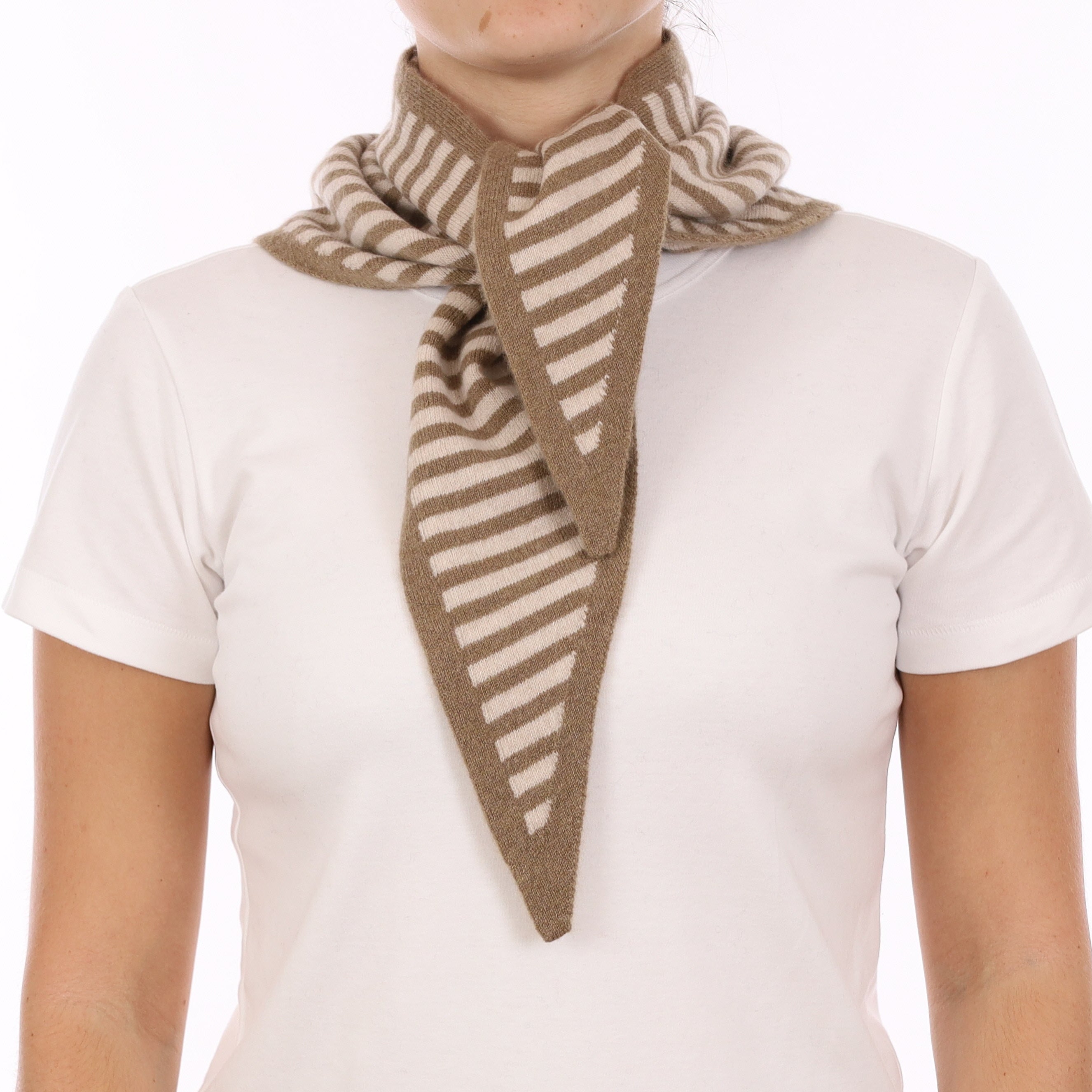 Brand New Latte and Sand Beige Striped Recycled Cashmere Triangle Scarf