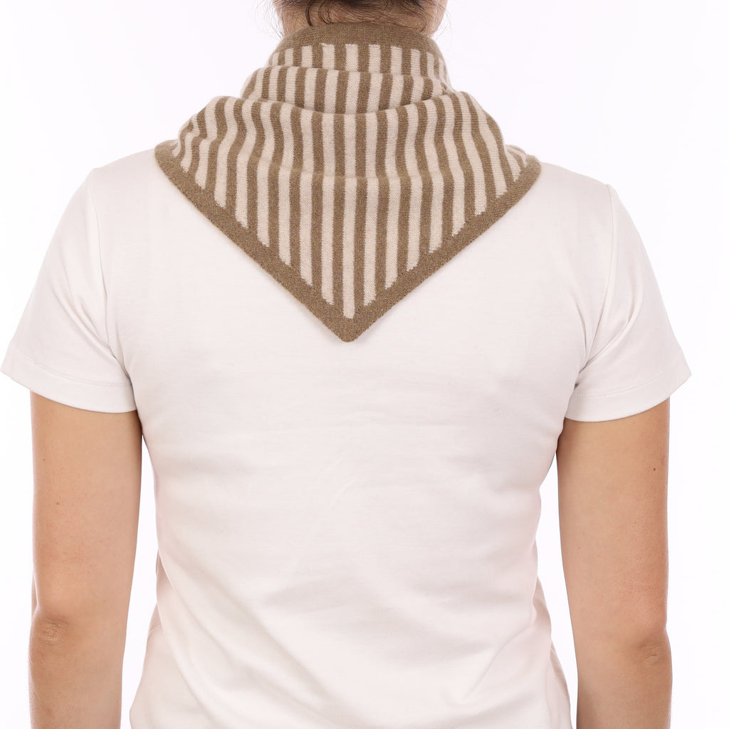 Brand New Latte and Sand Beige Striped Recycled Cashmere Triangle Scarf