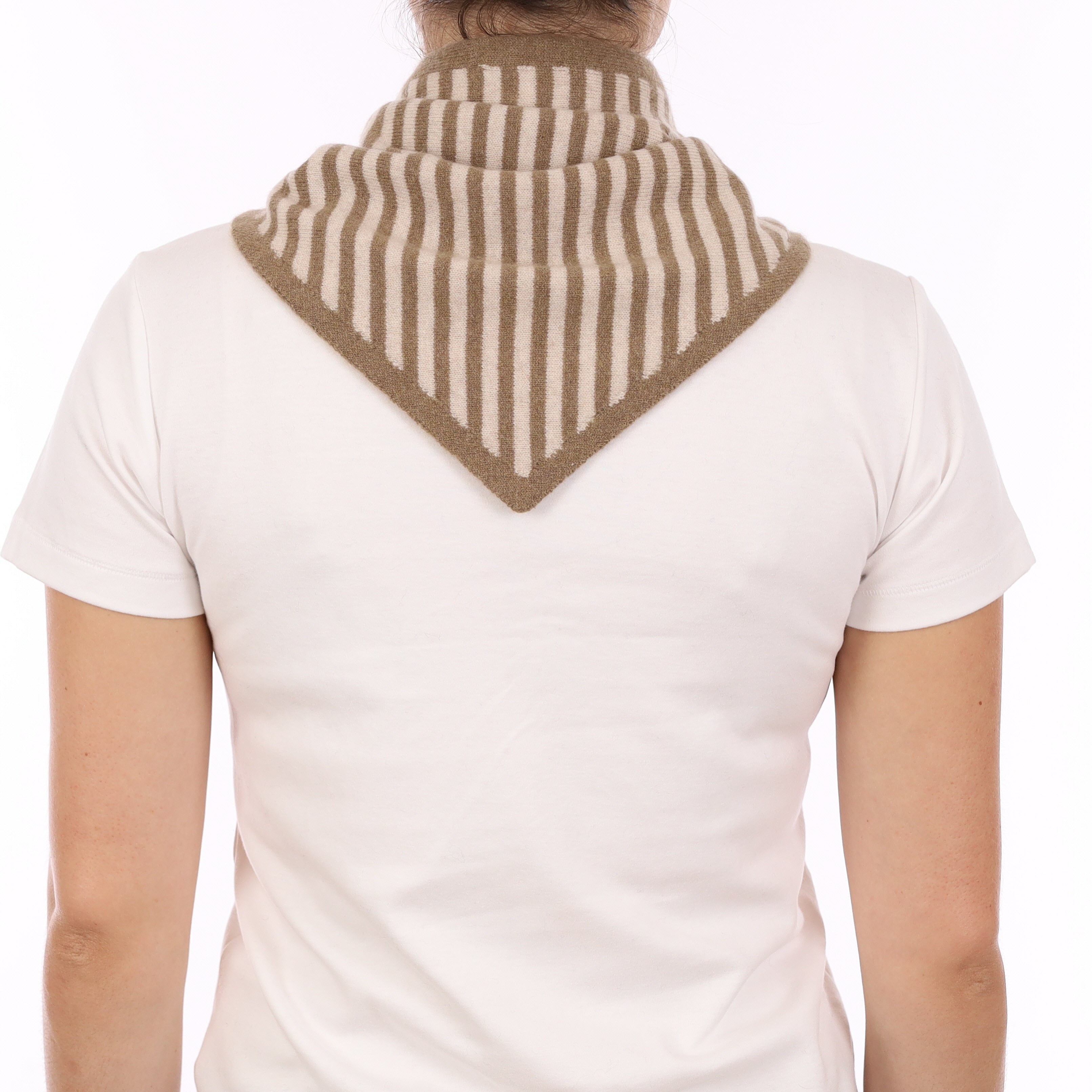 Brand New Latte and Sand Beige Striped Recycled Cashmere Triangle Scarf