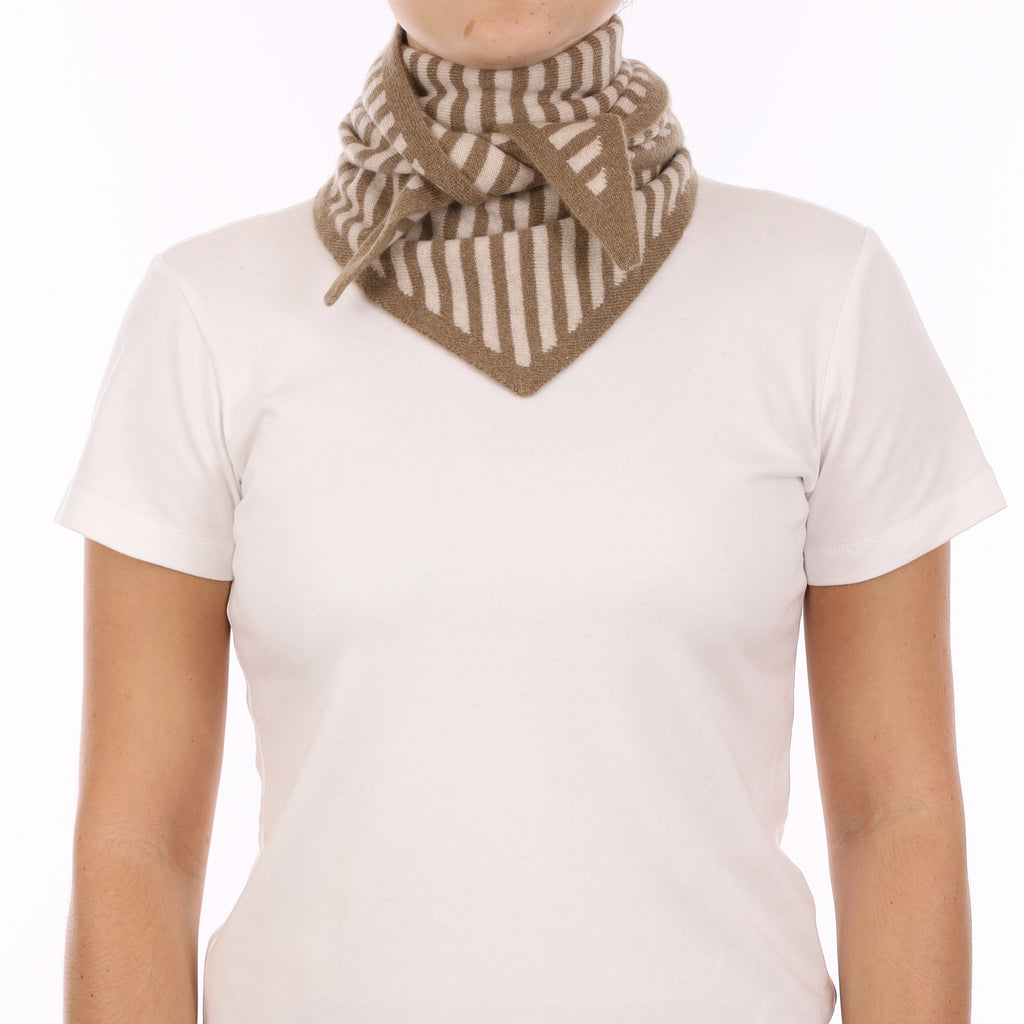 Brand New Latte and Sand Beige Striped Recycled Cashmere Triangle Scarf