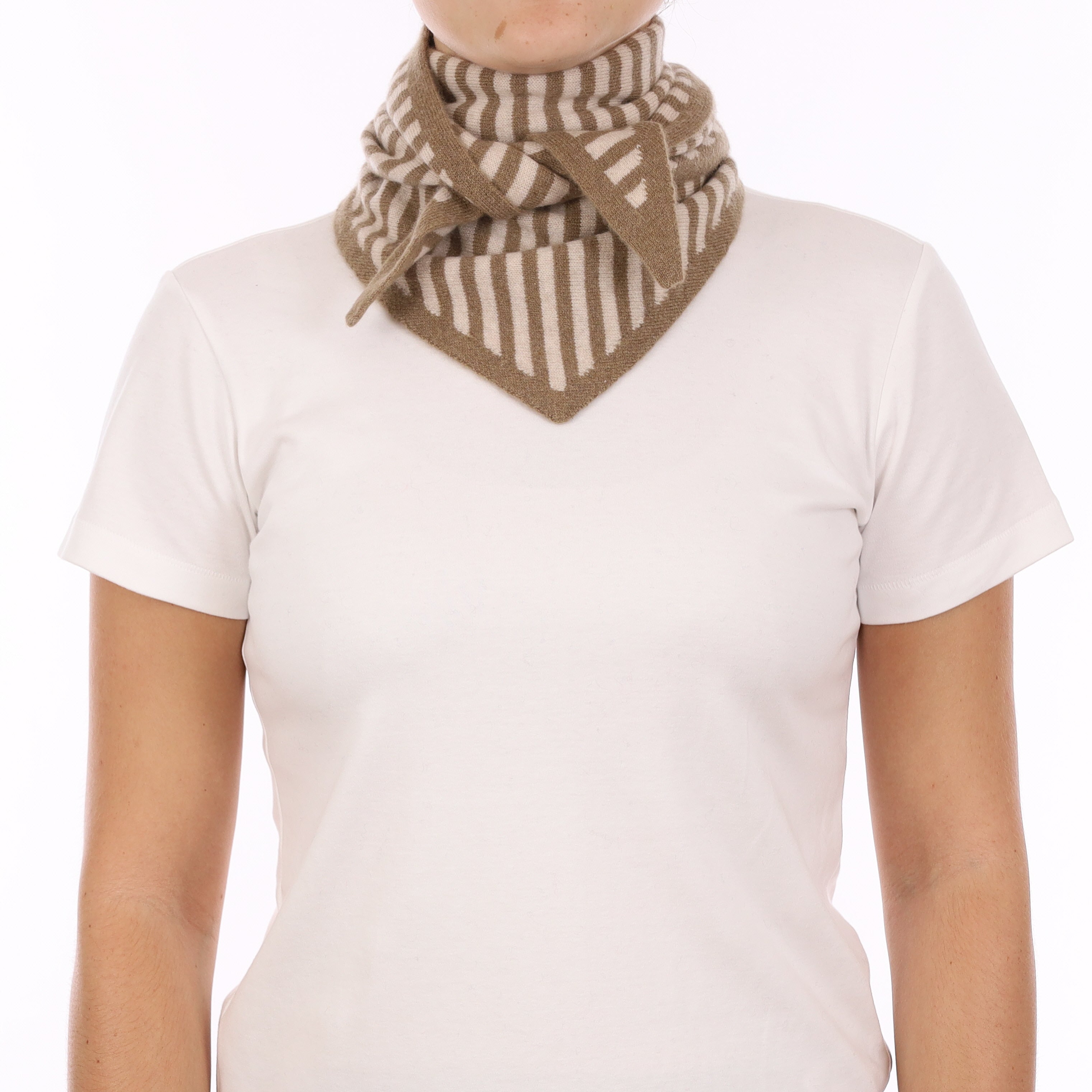 Brand New Latte and Sand Beige Striped Recycled Cashmere Triangle Scarf