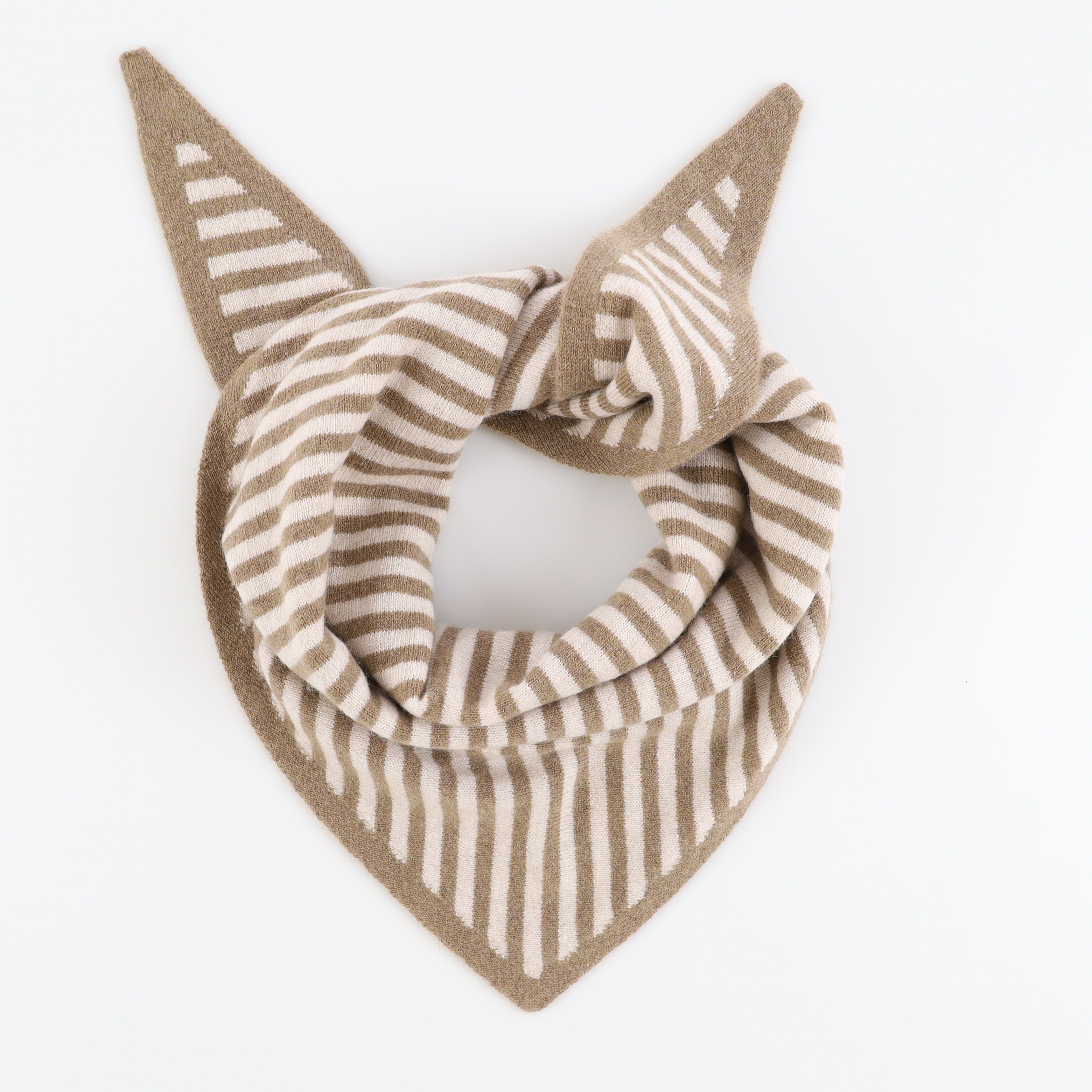 Brand New Latte and Sand Beige Striped Recycled Cashmere Triangle Scarf