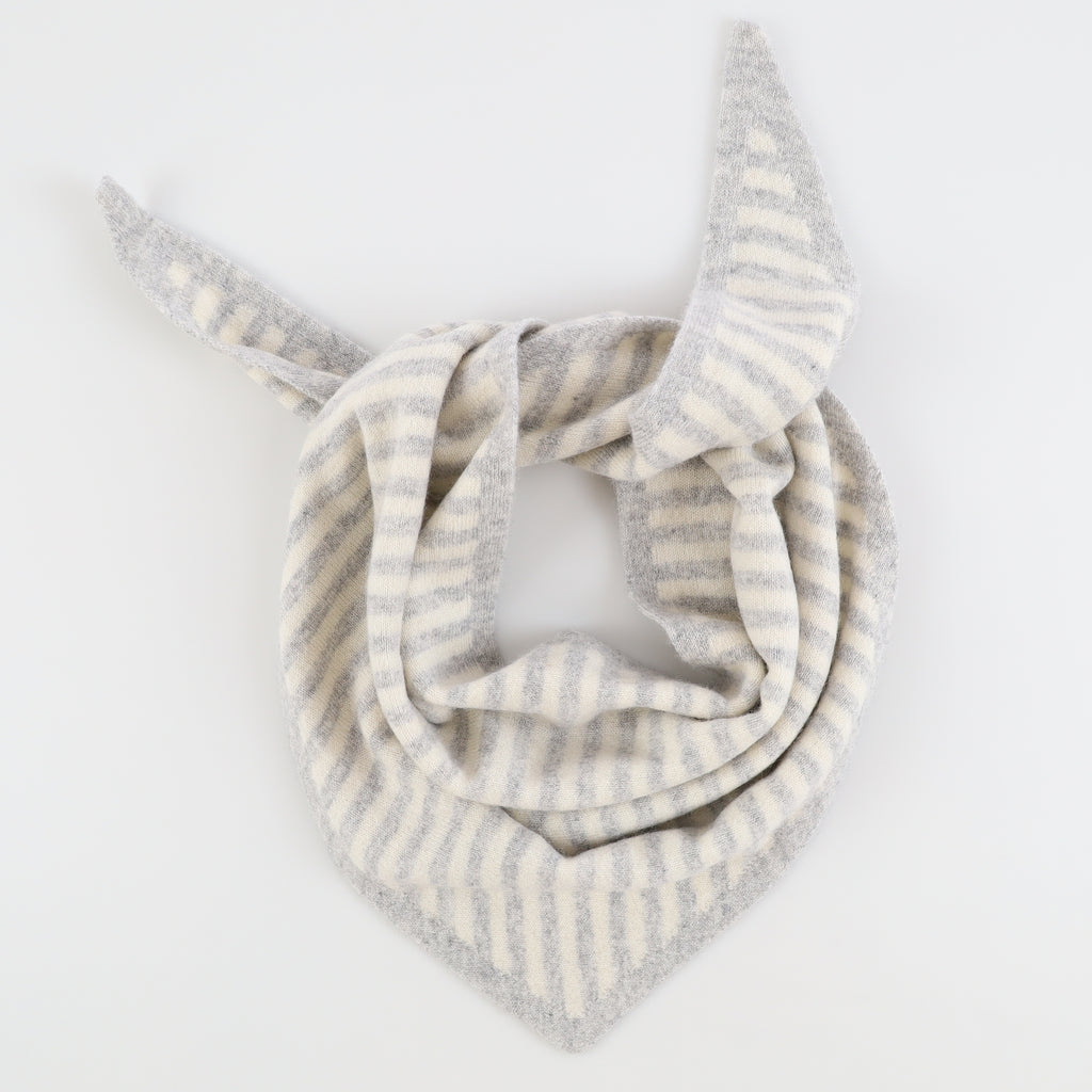 Brand New Mist Grey and Chalk Striped Recycled Cashmere Triangle Scarf