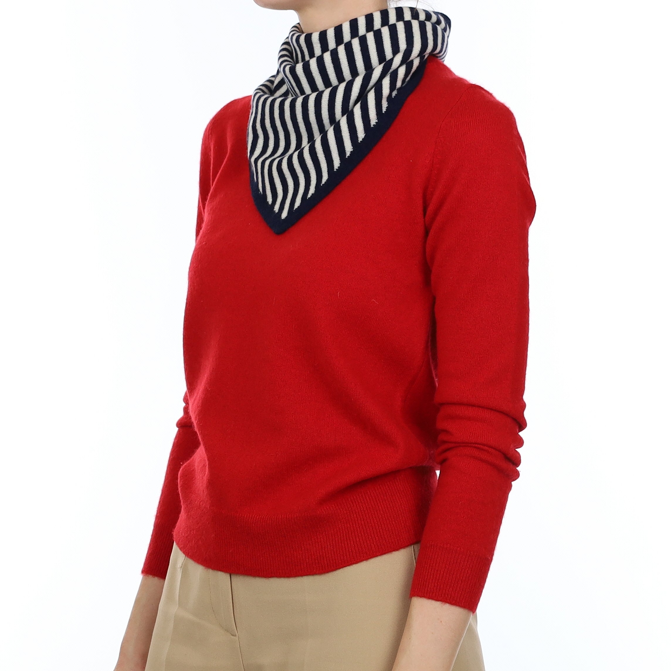 Brand New Navy and Chalk Striped Recycled Cashmere Triangle Scarf