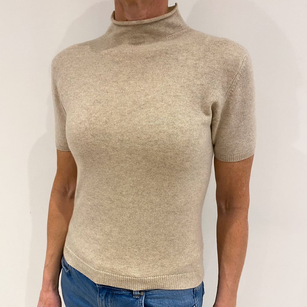 Honey Beige Cashmere Short Sleeved Turtle Neck Jumper Small