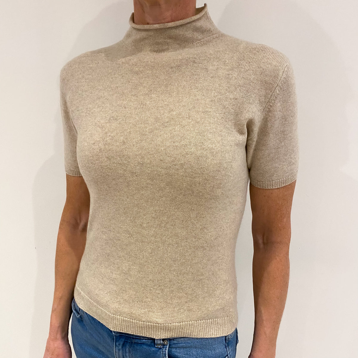 Honey Beige Cashmere Short Sleeved Turtle Neck Jumper Small