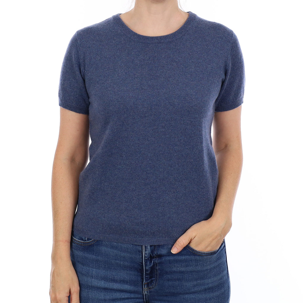 Brand New Denim Blue Cashmere Crew Neck T-Shirt Small UK 8-10