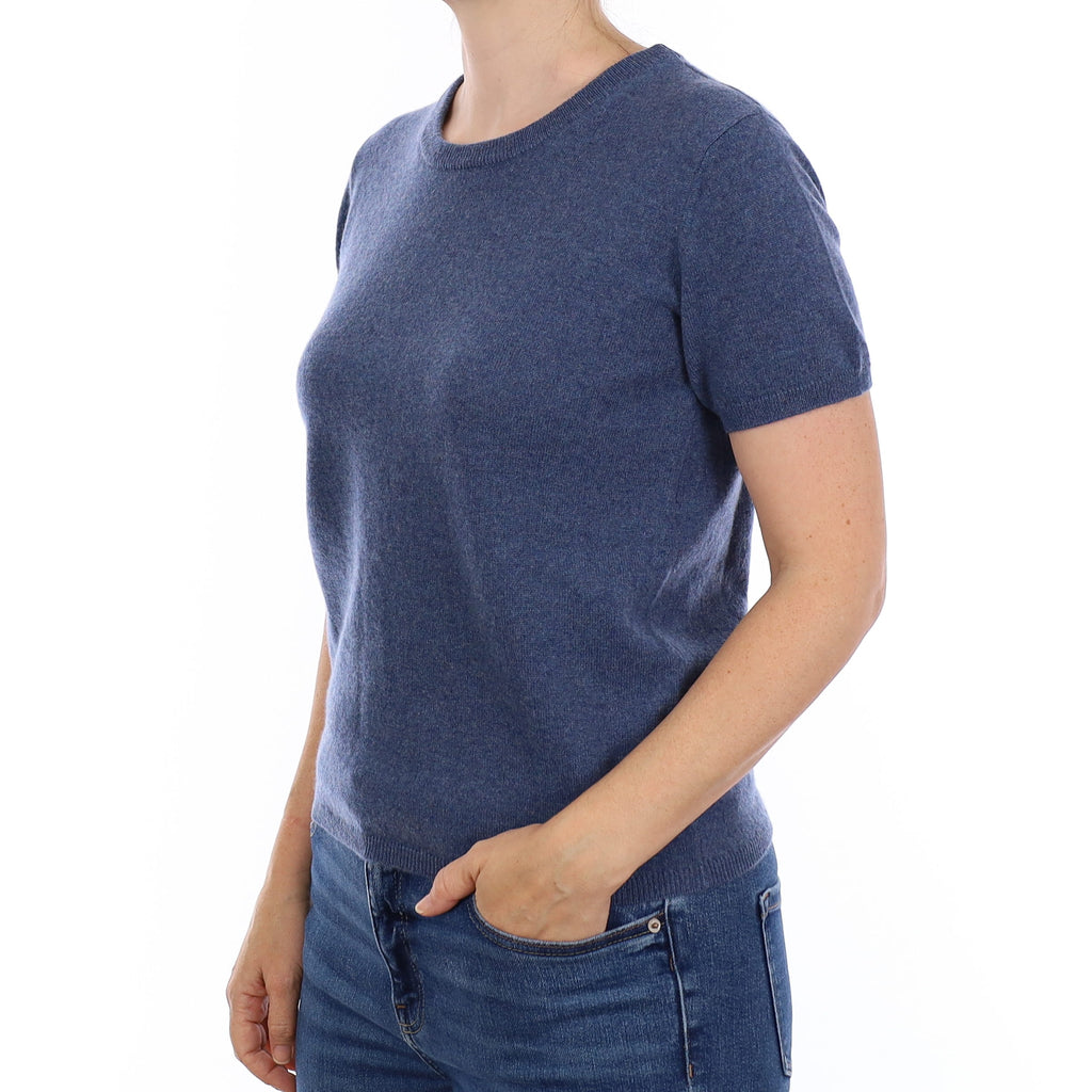 Brand New Denim Blue Cashmere Crew Neck T-Shirt Small UK 8-10