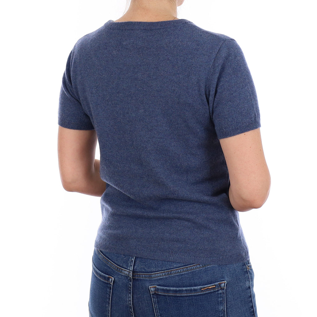 Brand New Denim Blue Cashmere Crew Neck T-Shirt Small UK 8-10