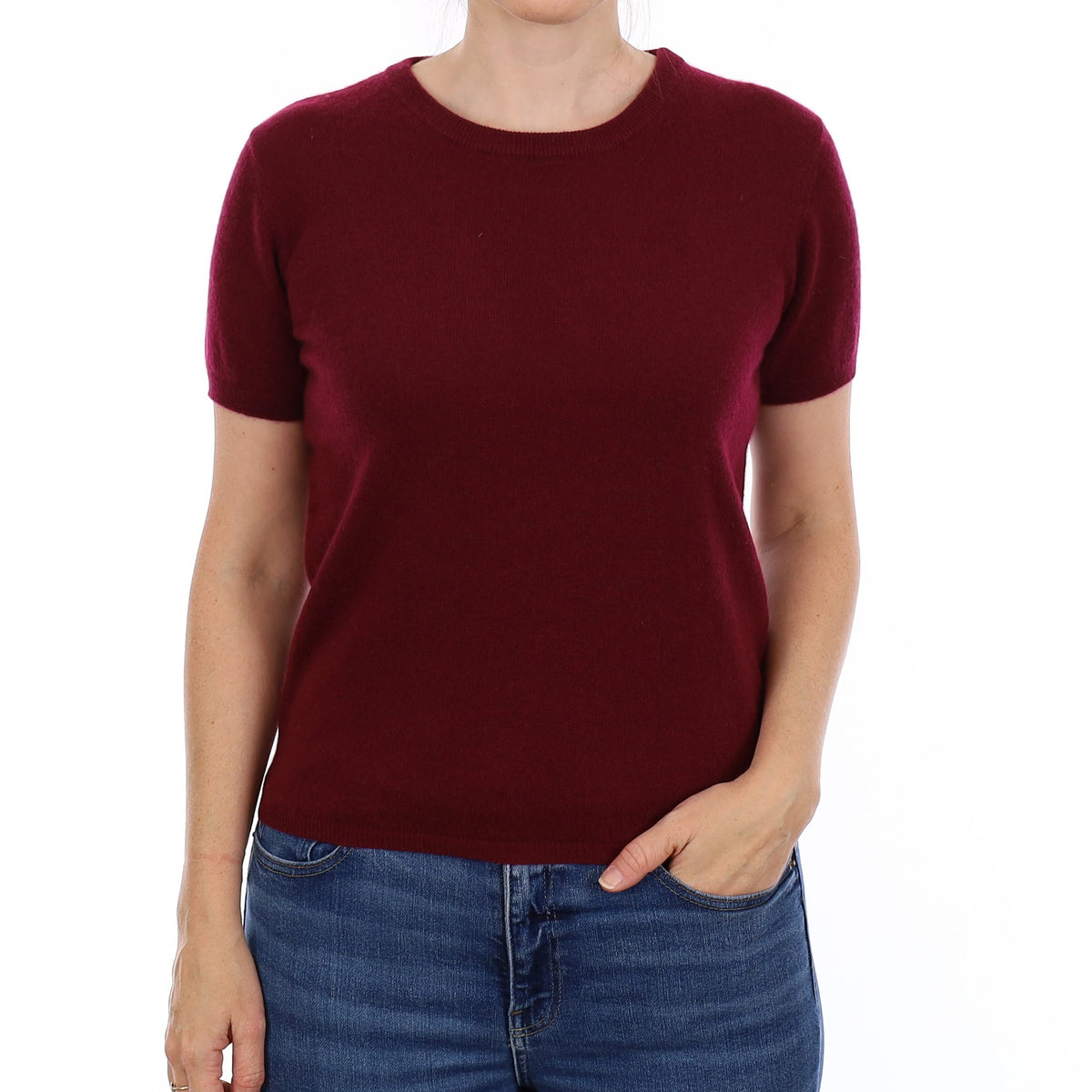 Brand New Wine Red Cashmere Crew Neck T-Shirt Small UK 8-10
