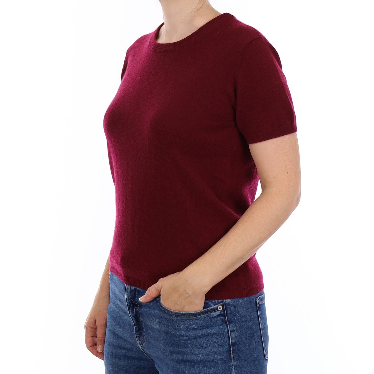 Brand New Wine Red Cashmere Crew Neck T-Shirt Small UK 8-10