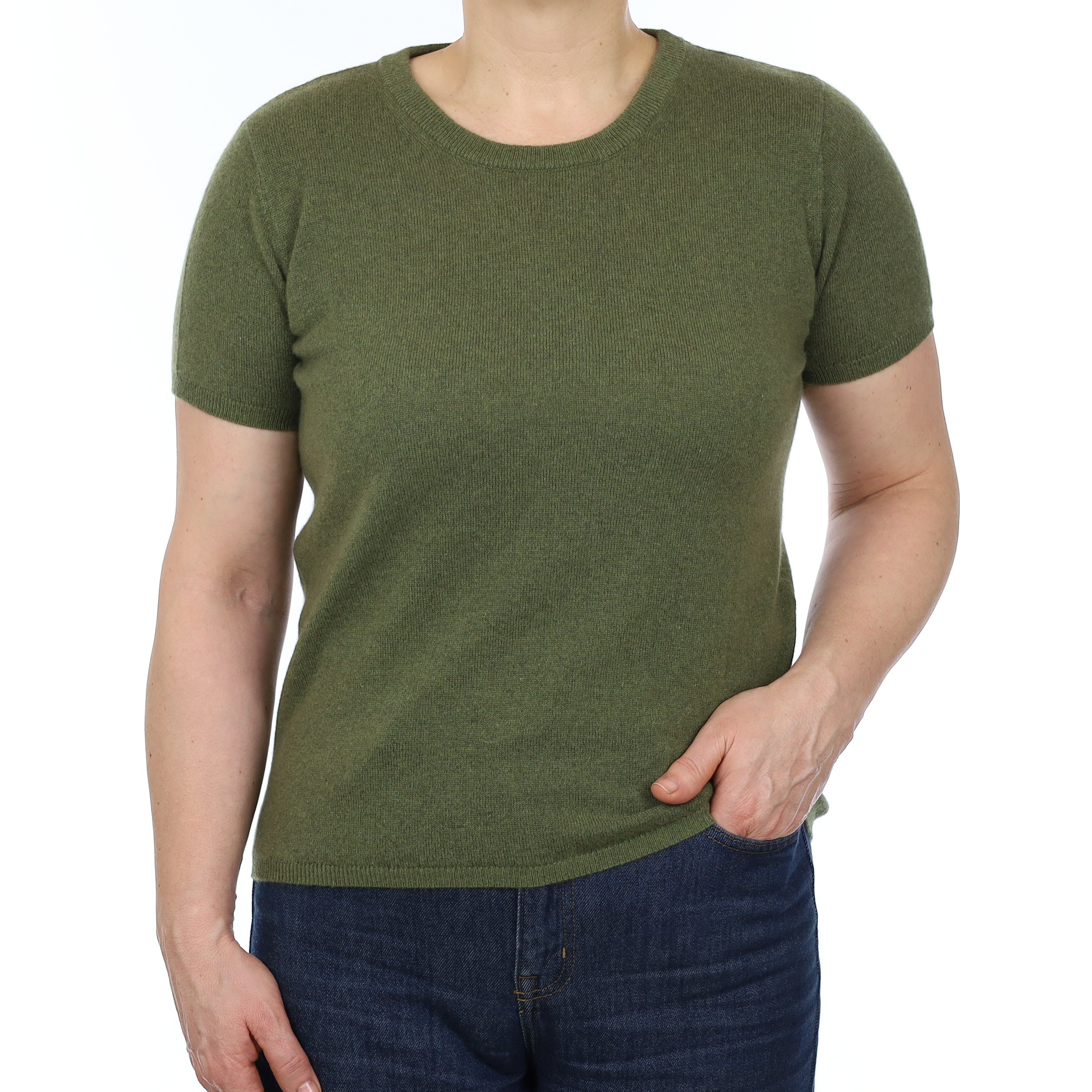 Brand New Olive Green Cashmere Crew Neck T-Shirt Medium UK 12-14