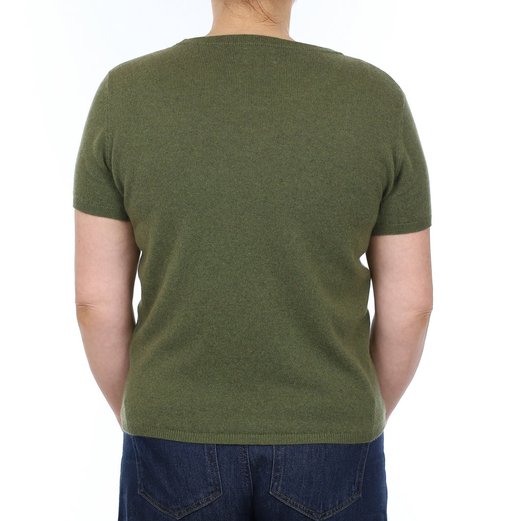 Brand New Olive Green Cashmere Crew Neck T-Shirt Medium UK 12-14