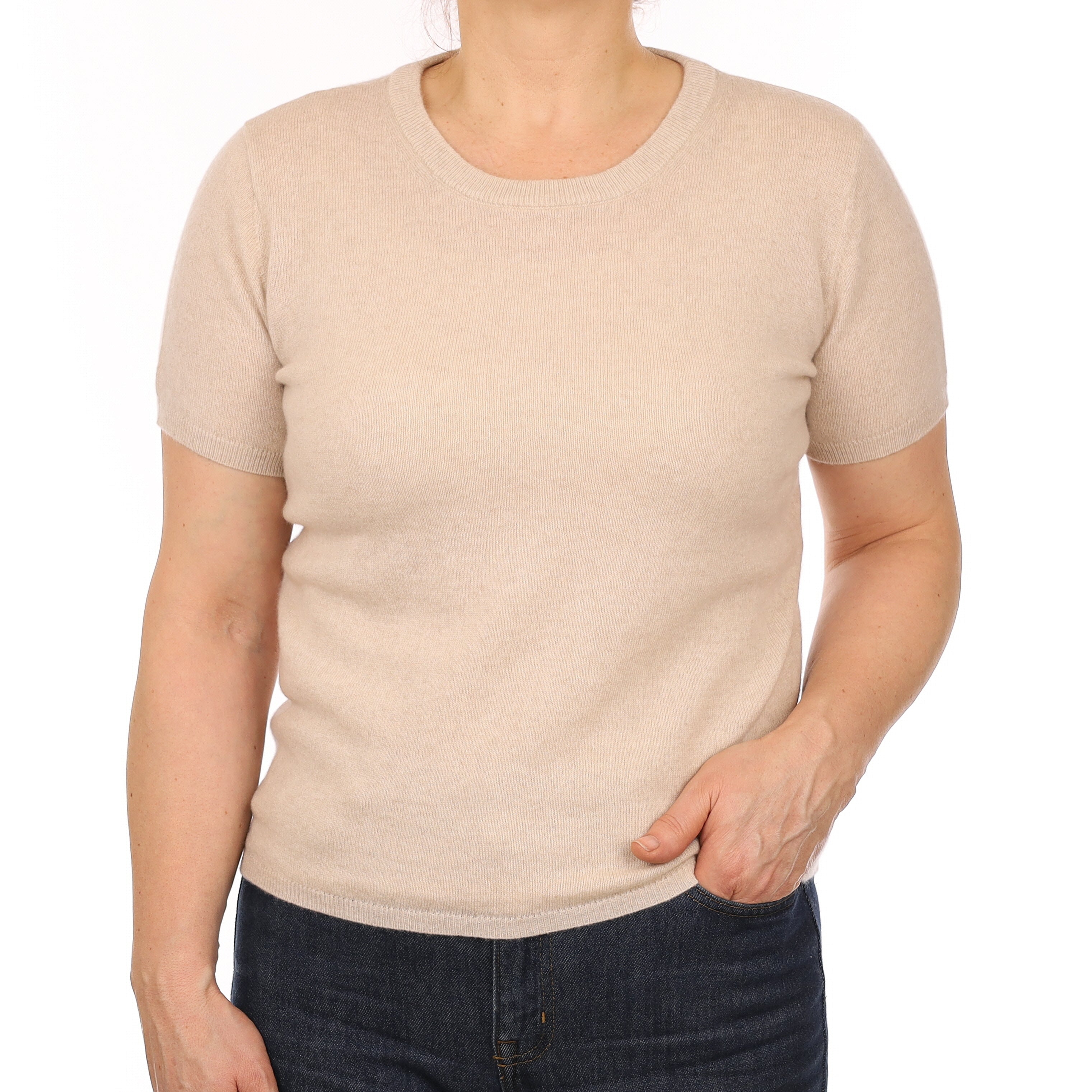 Brand New Sand Beige Cashmere Crew Neck T-Shirt Medium UK 12-14