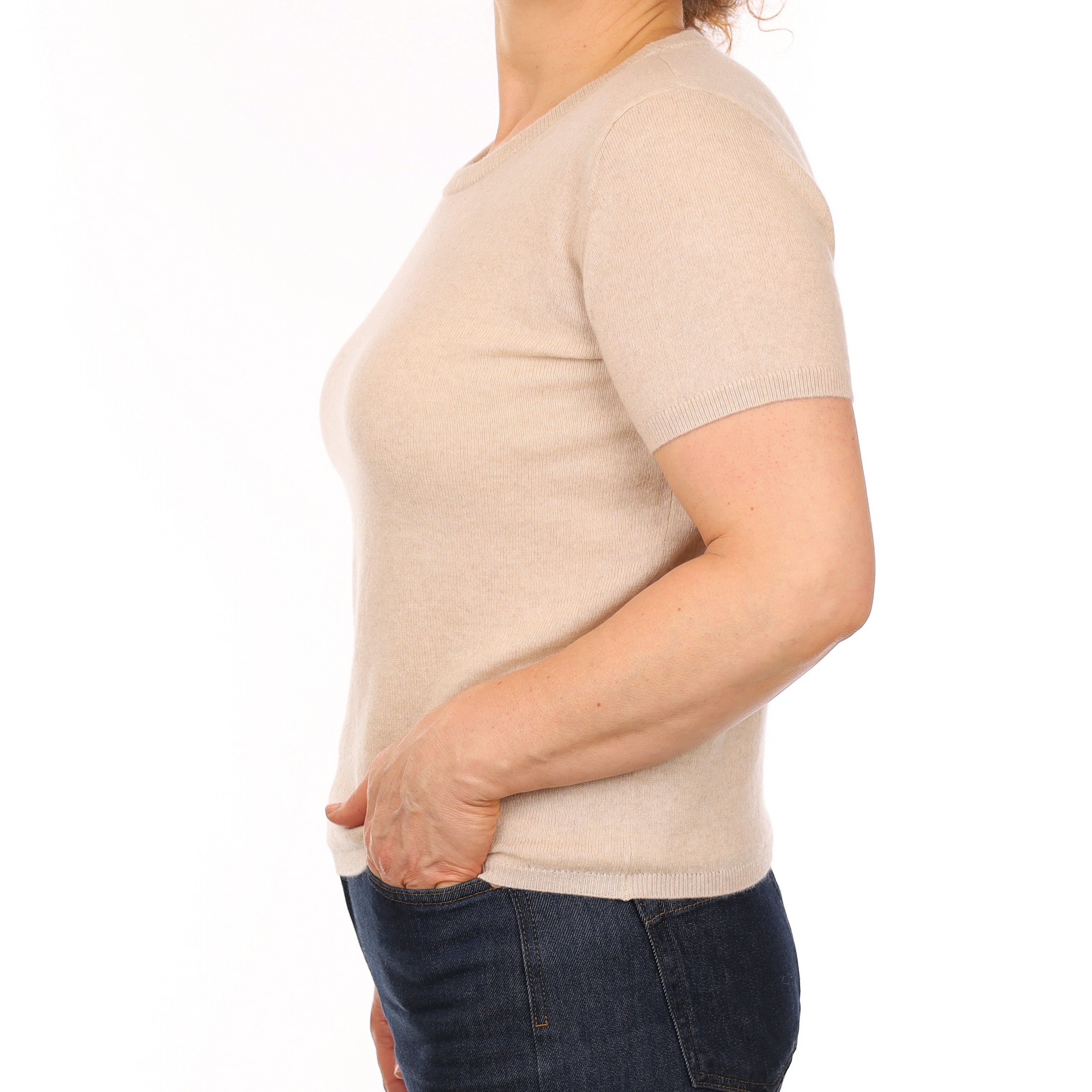 Brand New Sand Beige Cashmere Crew Neck T-Shirt Medium UK 12-14