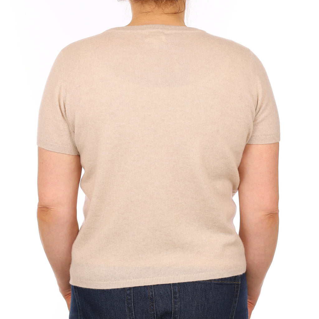 Brand New Sand Beige Cashmere Crew Neck T-Shirt Medium UK 12-14