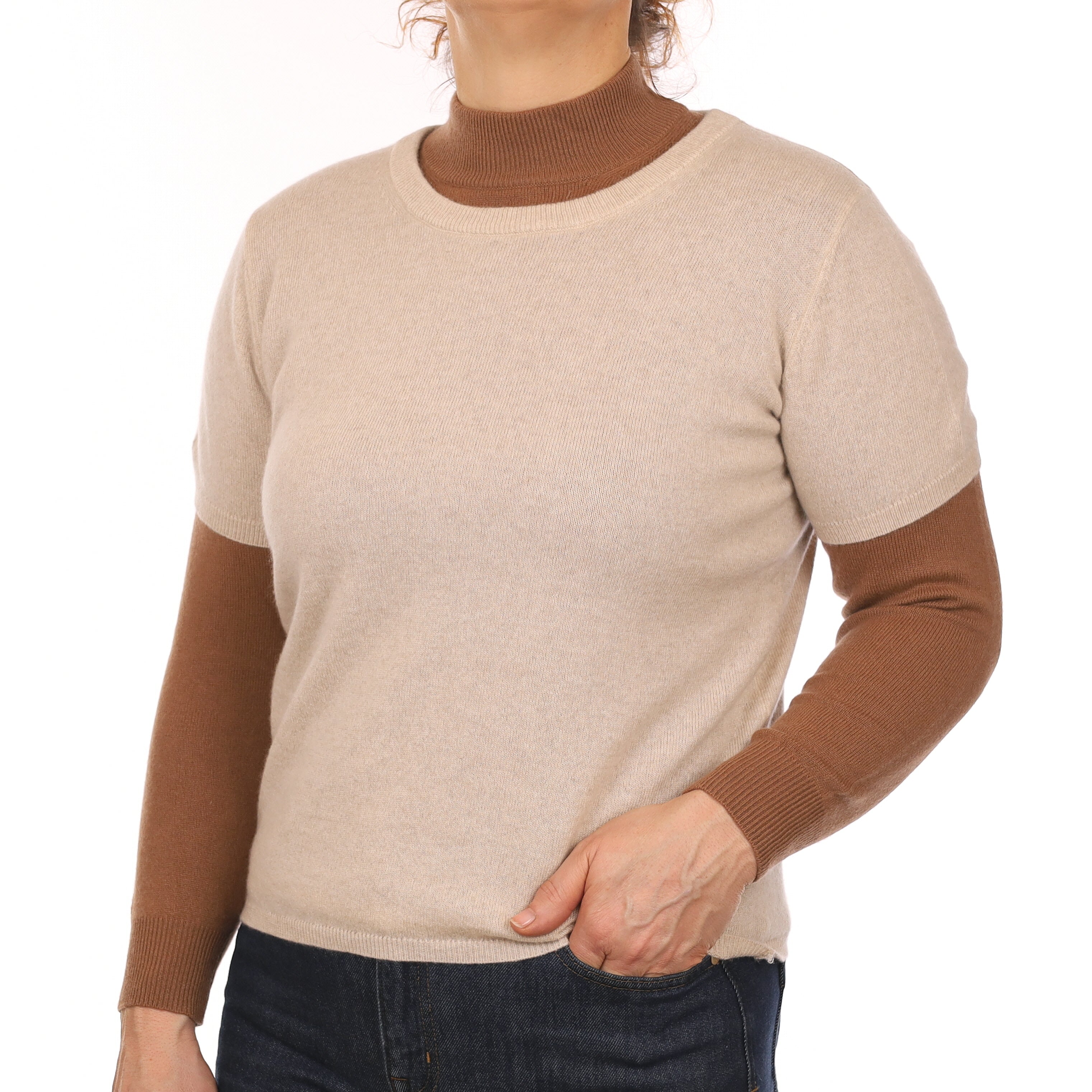 Brand New Sand Beige Cashmere Crew Neck T-Shirt Medium UK 12-14