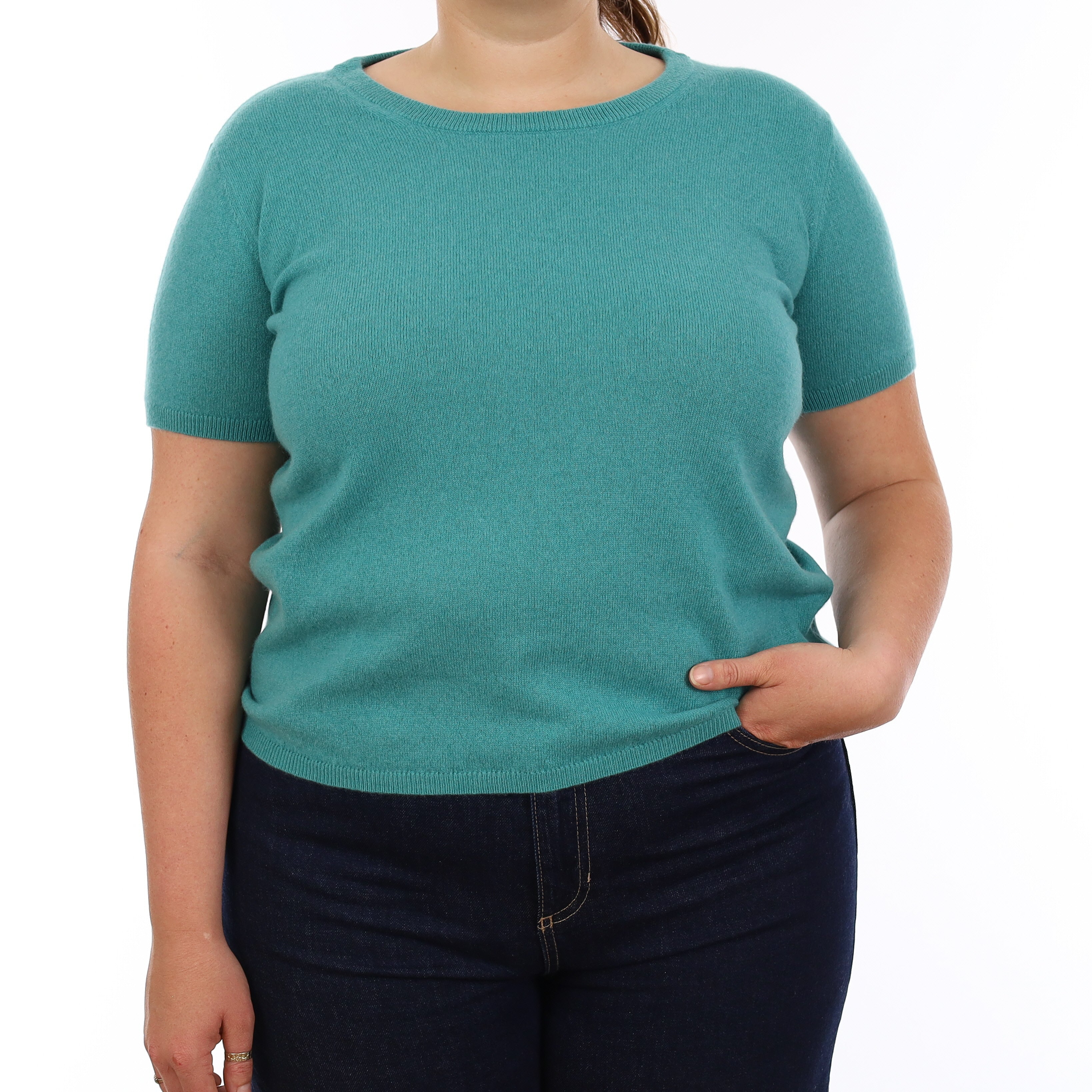 Brand New Lagoon Green Cashmere Crew Neck T-Shirt Large UK 16-18