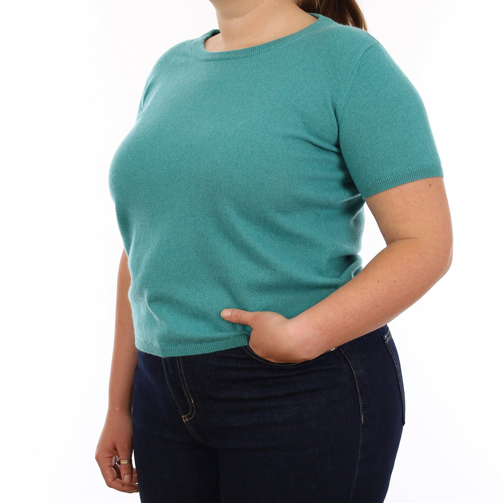 Brand New Lagoon Green Cashmere Crew Neck T-Shirt Extra Large UK 20-22
