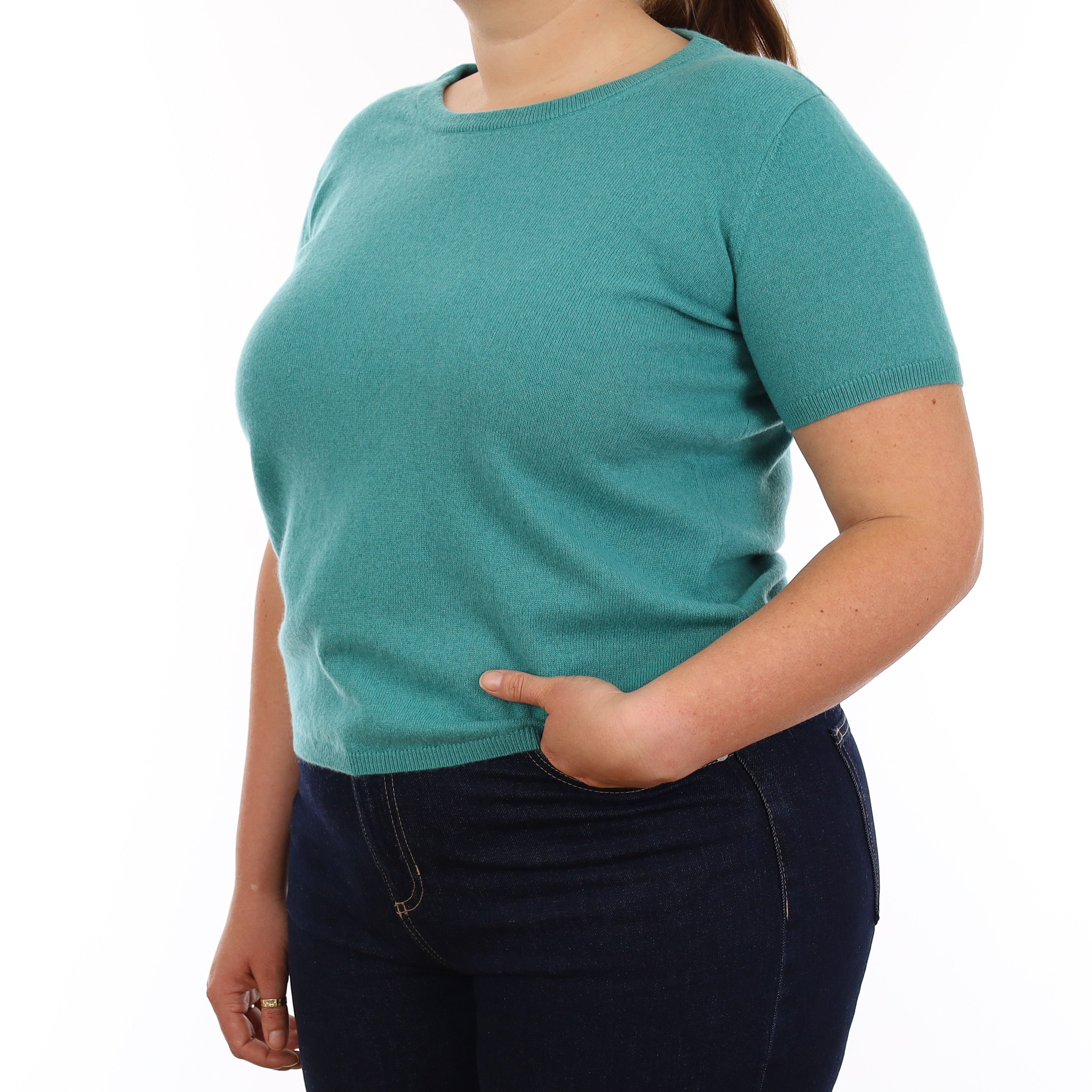 Brand New Lagoon Green Cashmere Crew Neck T-Shirt Large UK 16-18