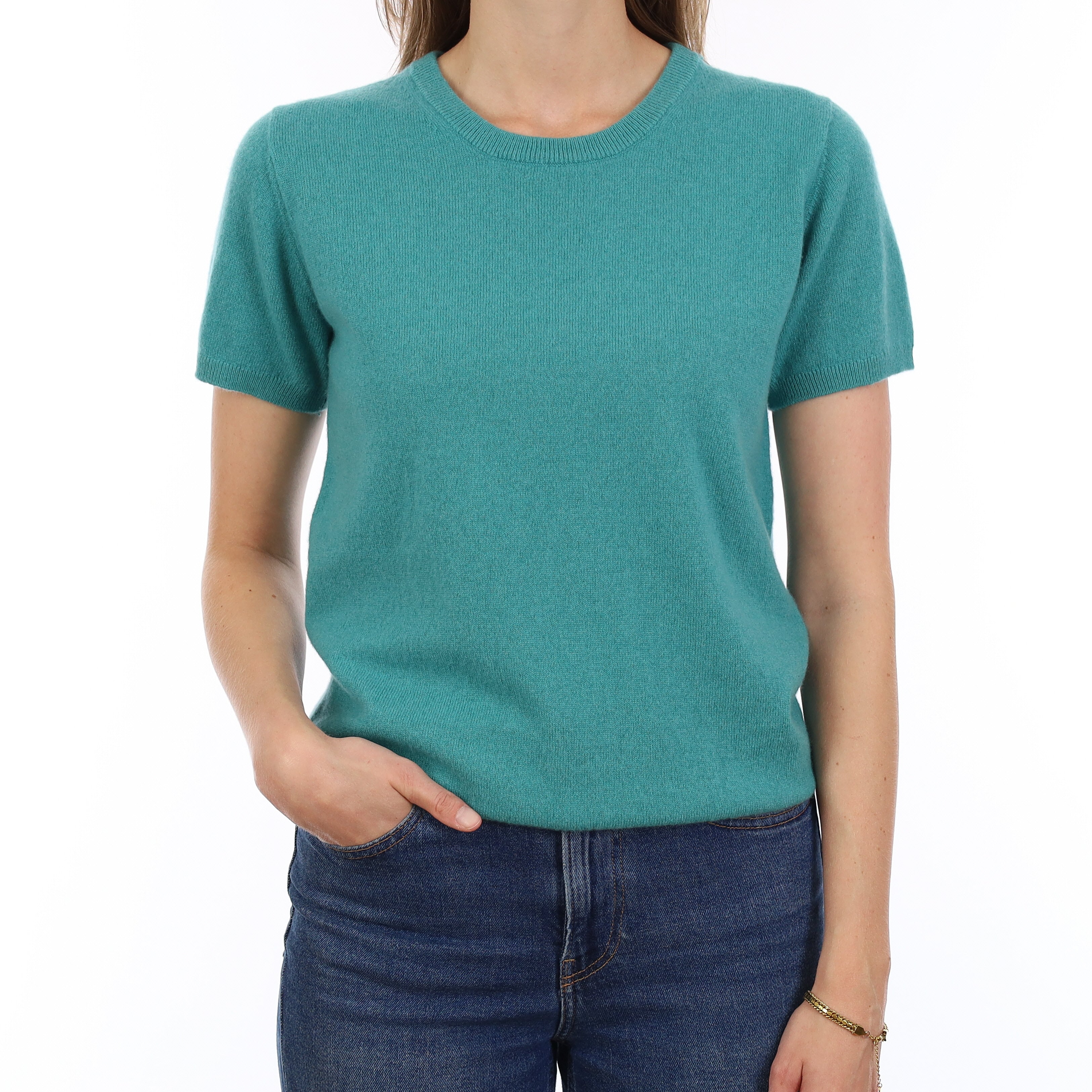Brand New Lagoon Green Cashmere Crew Neck T-Shirt Small UK 8-10