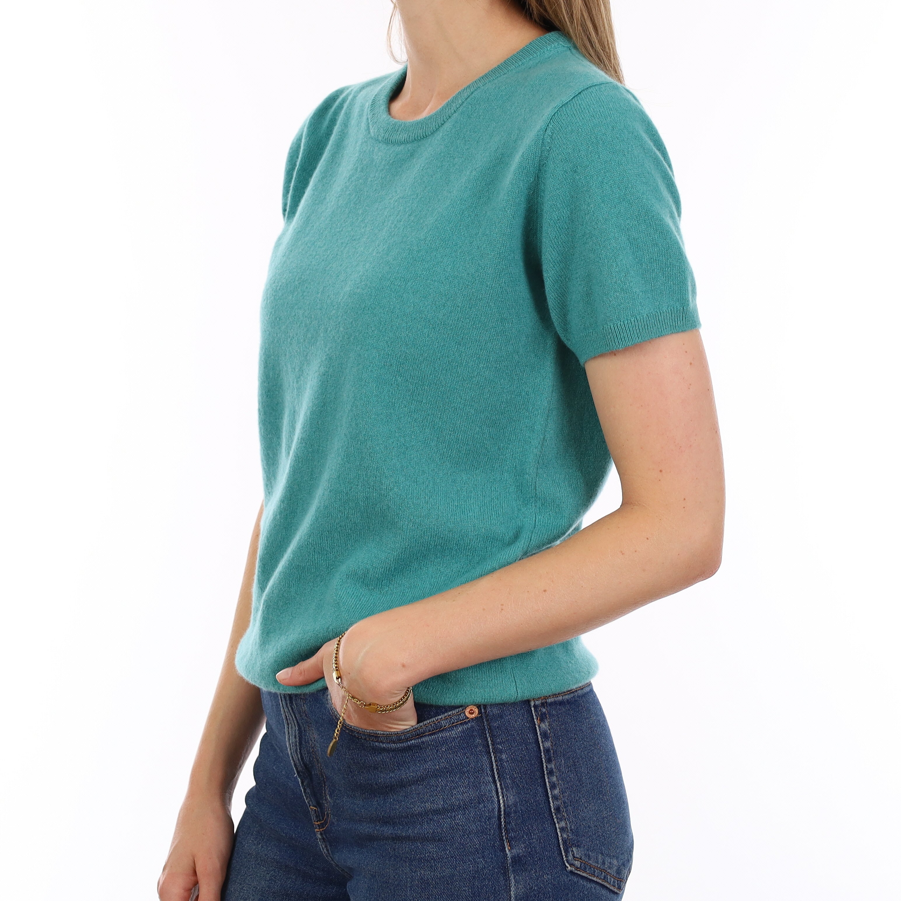 Brand New Lagoon Green Cashmere Crew Neck T-Shirt Small UK 8-10