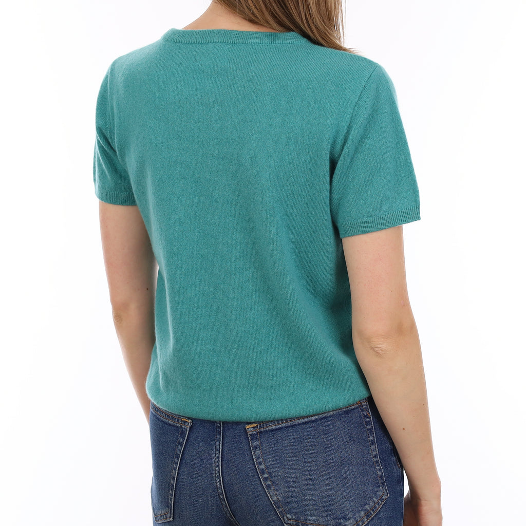 Brand New Lagoon Green Cashmere Crew Neck T-Shirt Small UK 8-10
