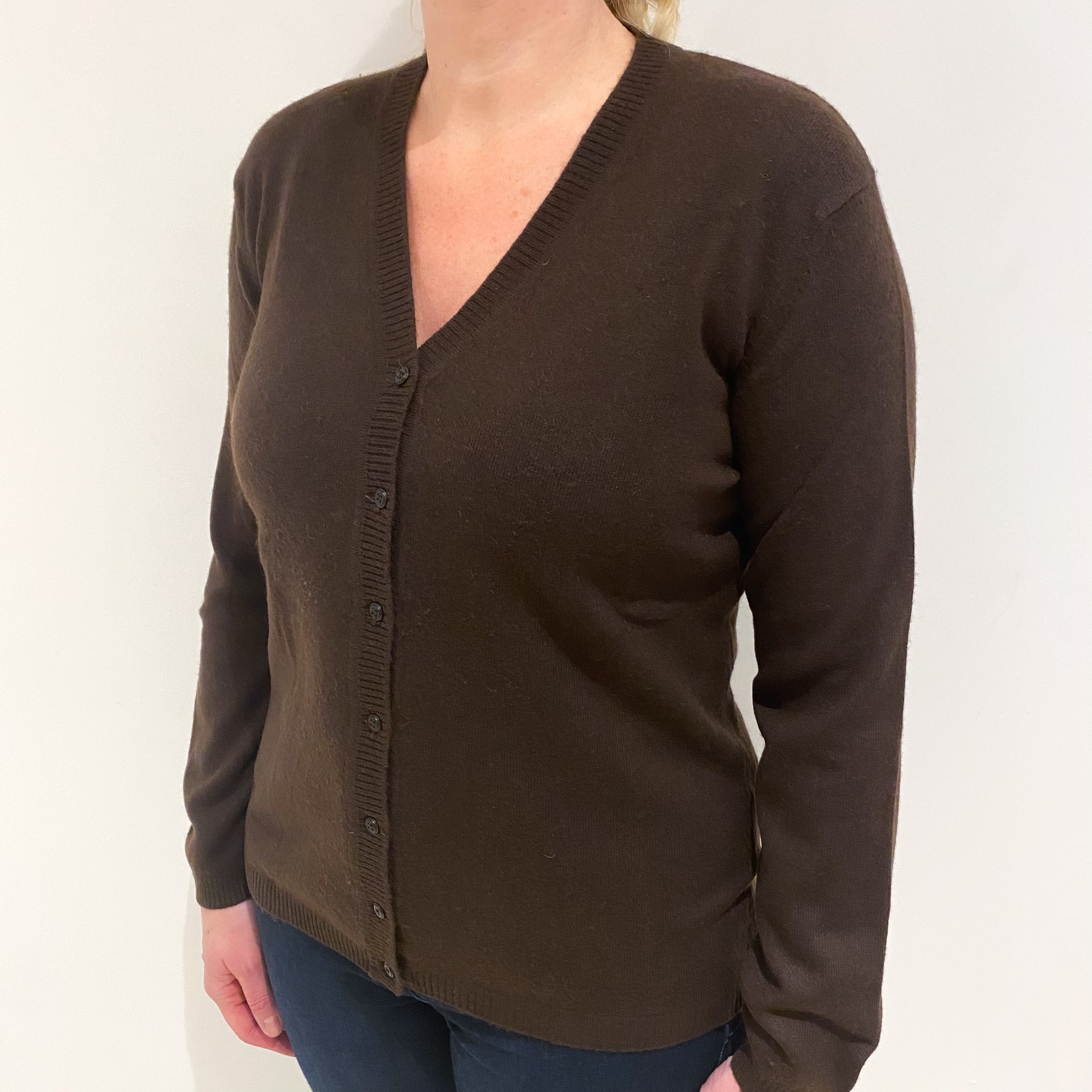 Chocolate Brown Cashmere V- neck Cardigan Large