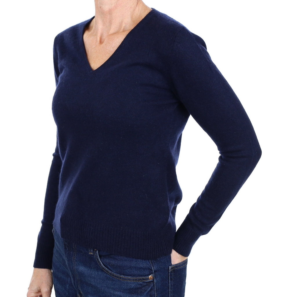 Navy Blue Cashmere V Neck Jumper Small