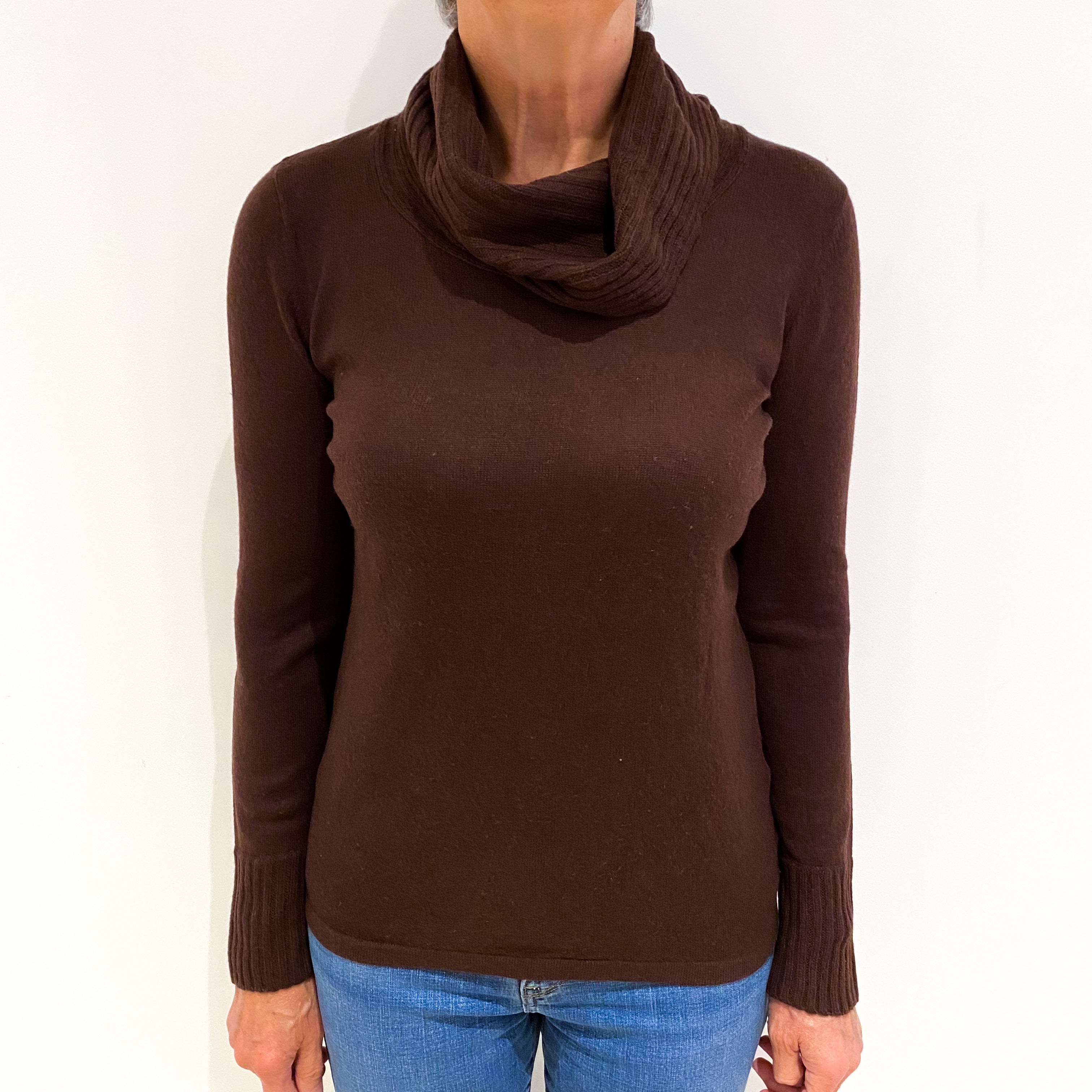 Dark Chocolate Brown Cashmere Cowl Neck Jumper Medium