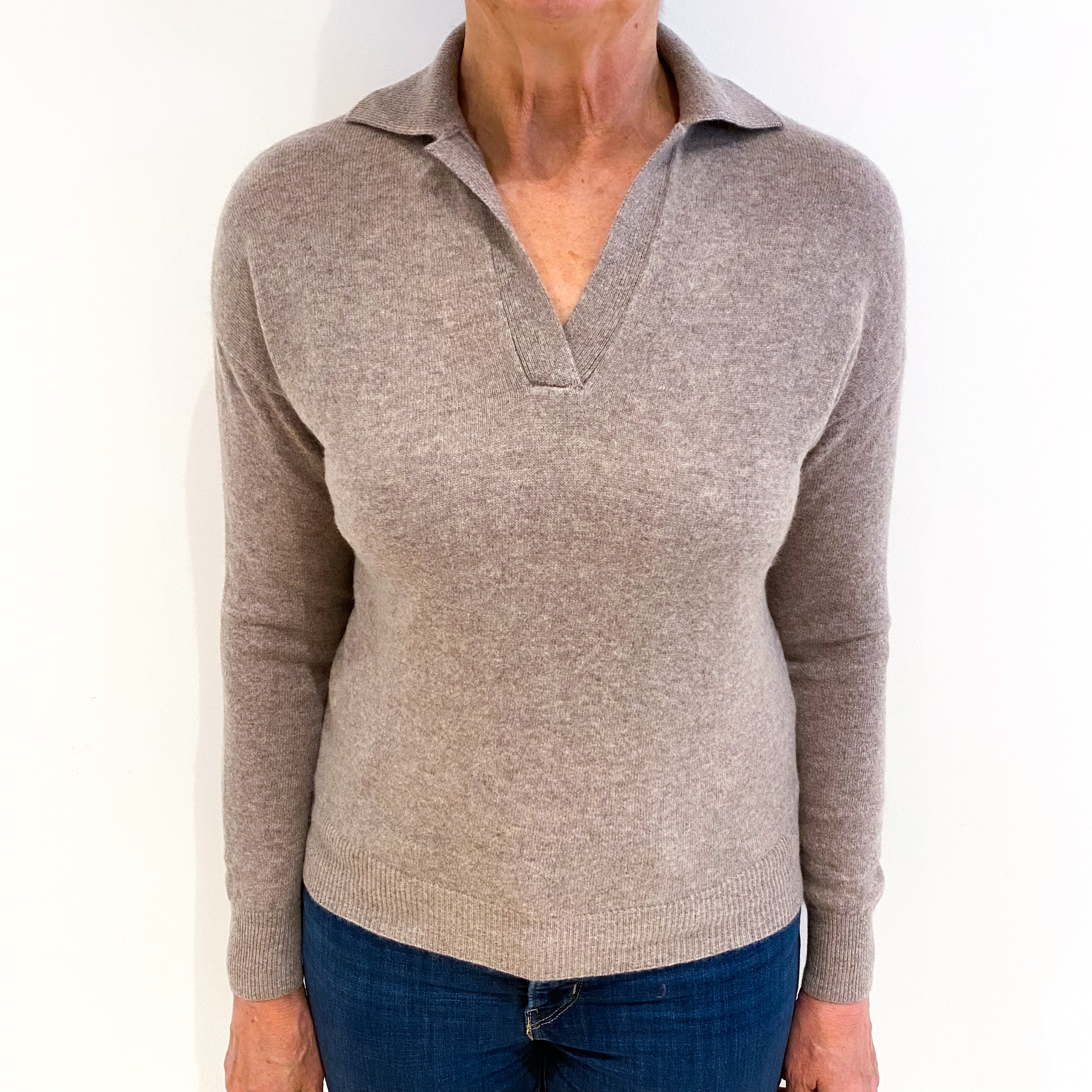 Mink Brown Cashmere Collared V Neck Jumper Medium