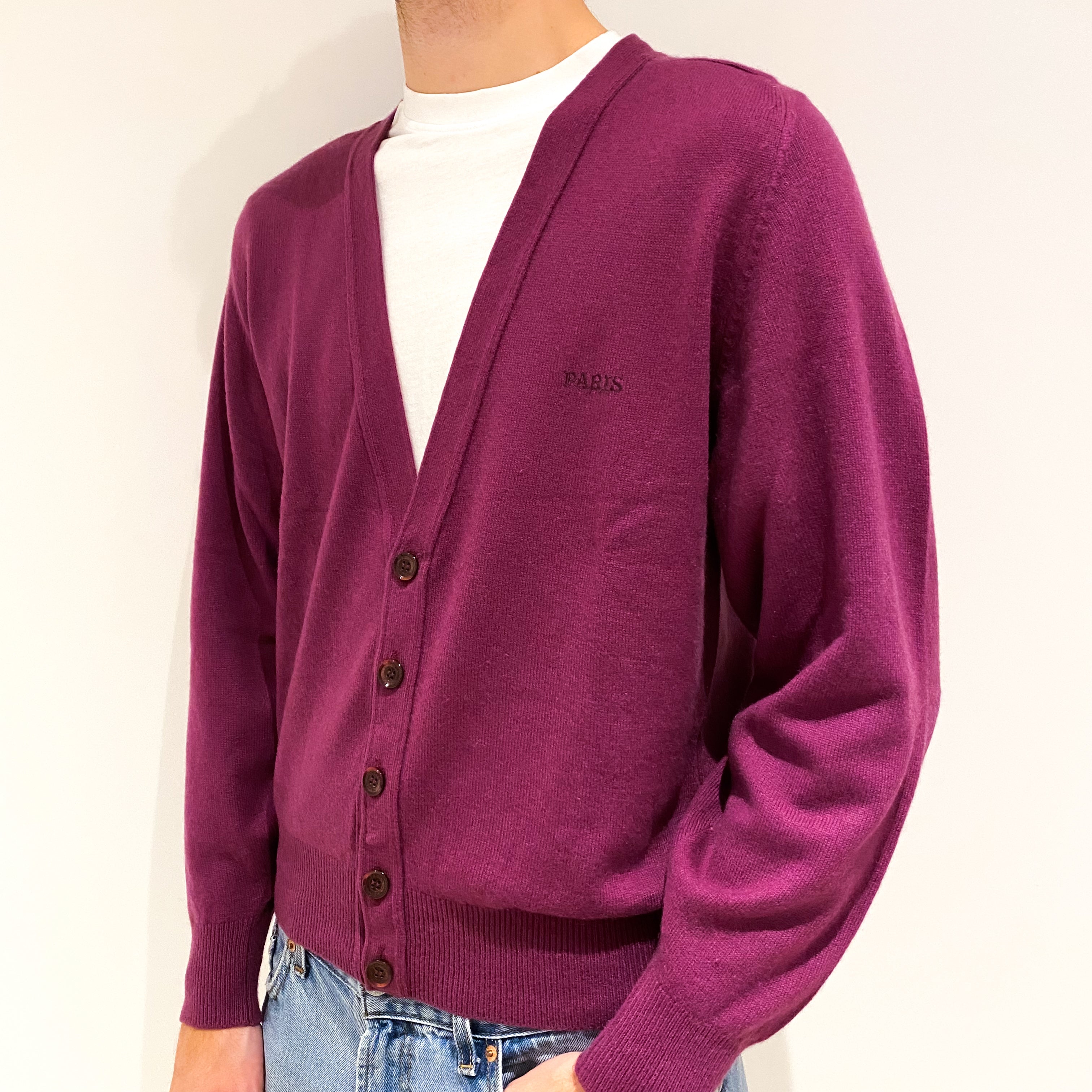 Men's Vintage Plum Purple Cashmere V-Neck Cardigan Large