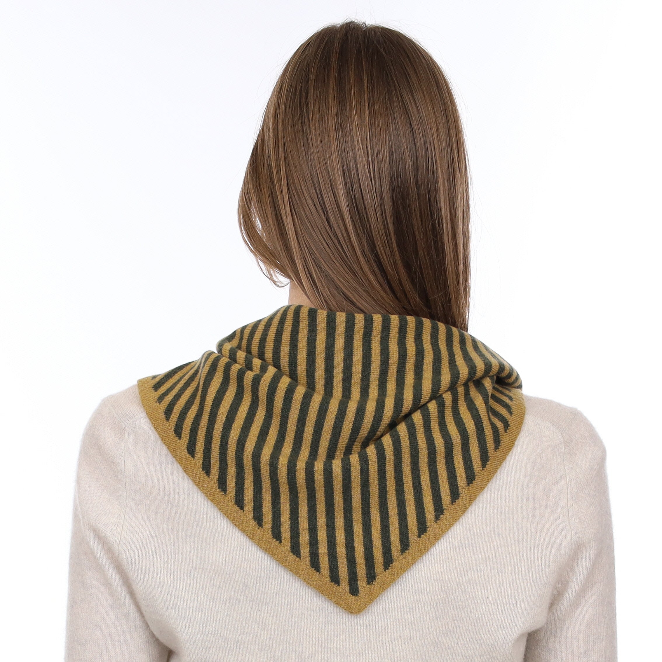 Brand New Harvest Gold and Khaki Striped Recycled Cashmere Triangle Scarf