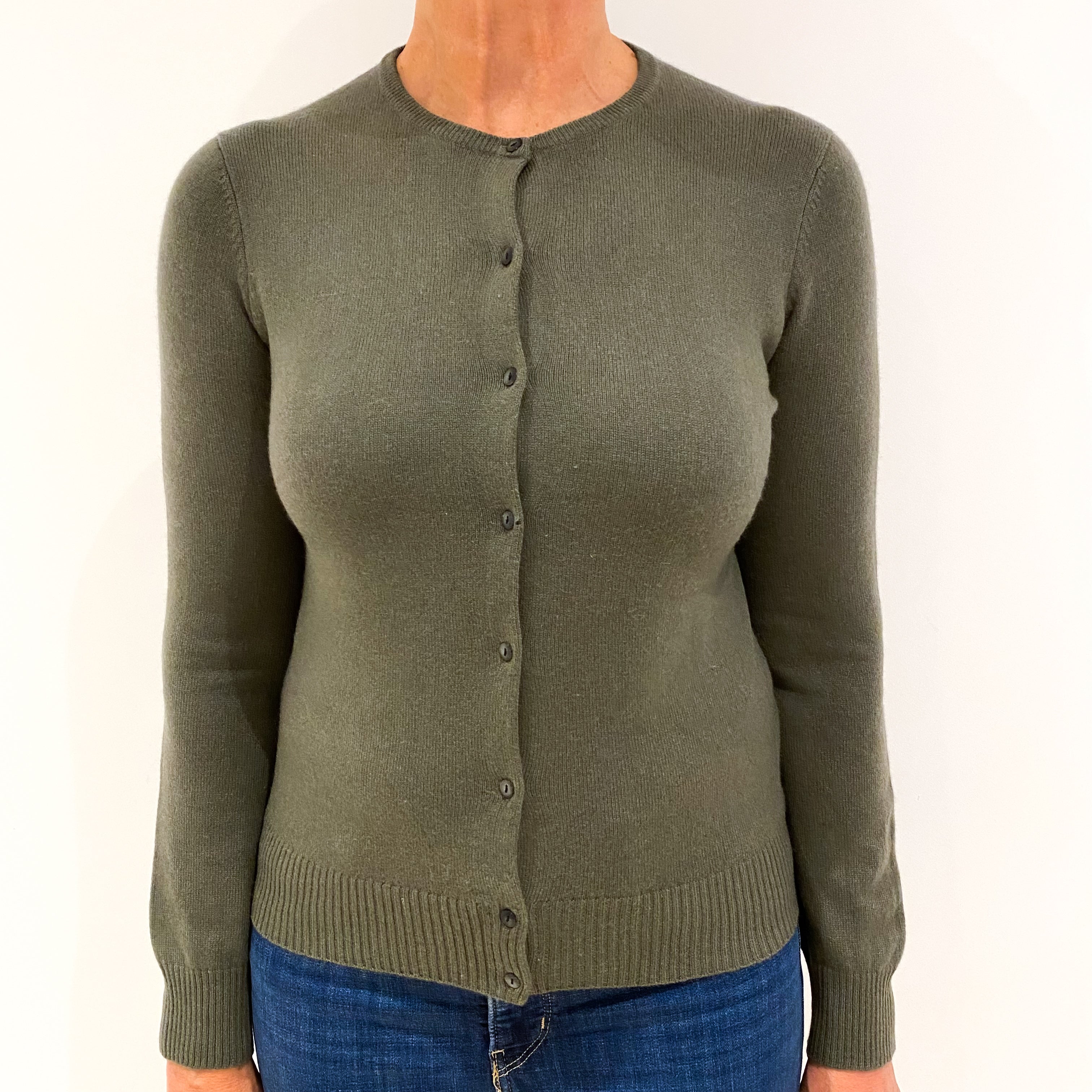 Khaki Green Cashmere Crew Neck Cardigan Medium