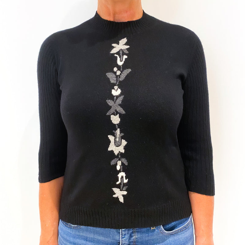 Black 3/4 Sleeve Cashmere Crew Neck Jumper with Floral Pattern On Front Medium