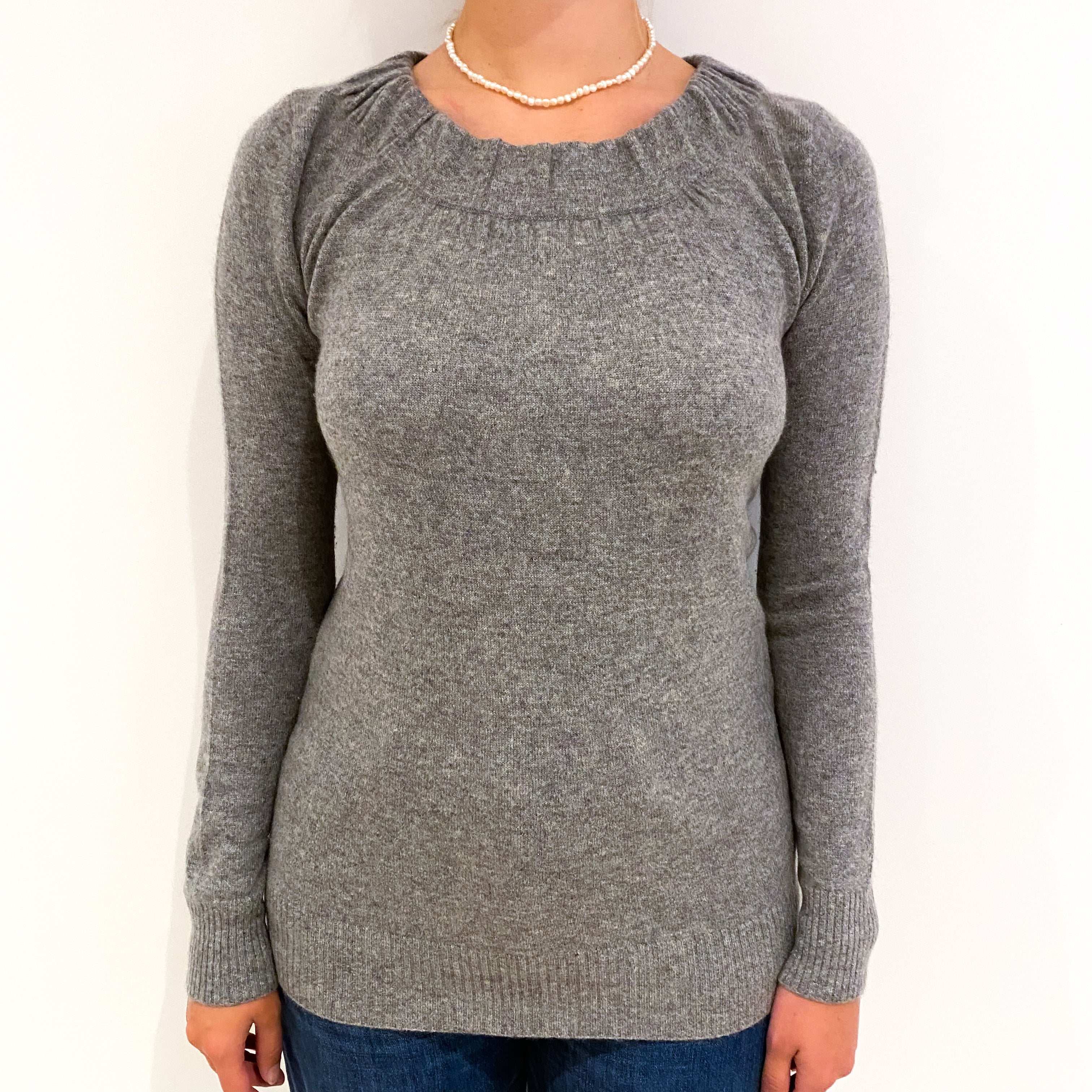 Ash Grey Cashmere Elasticated Crew Neck Jumper Small