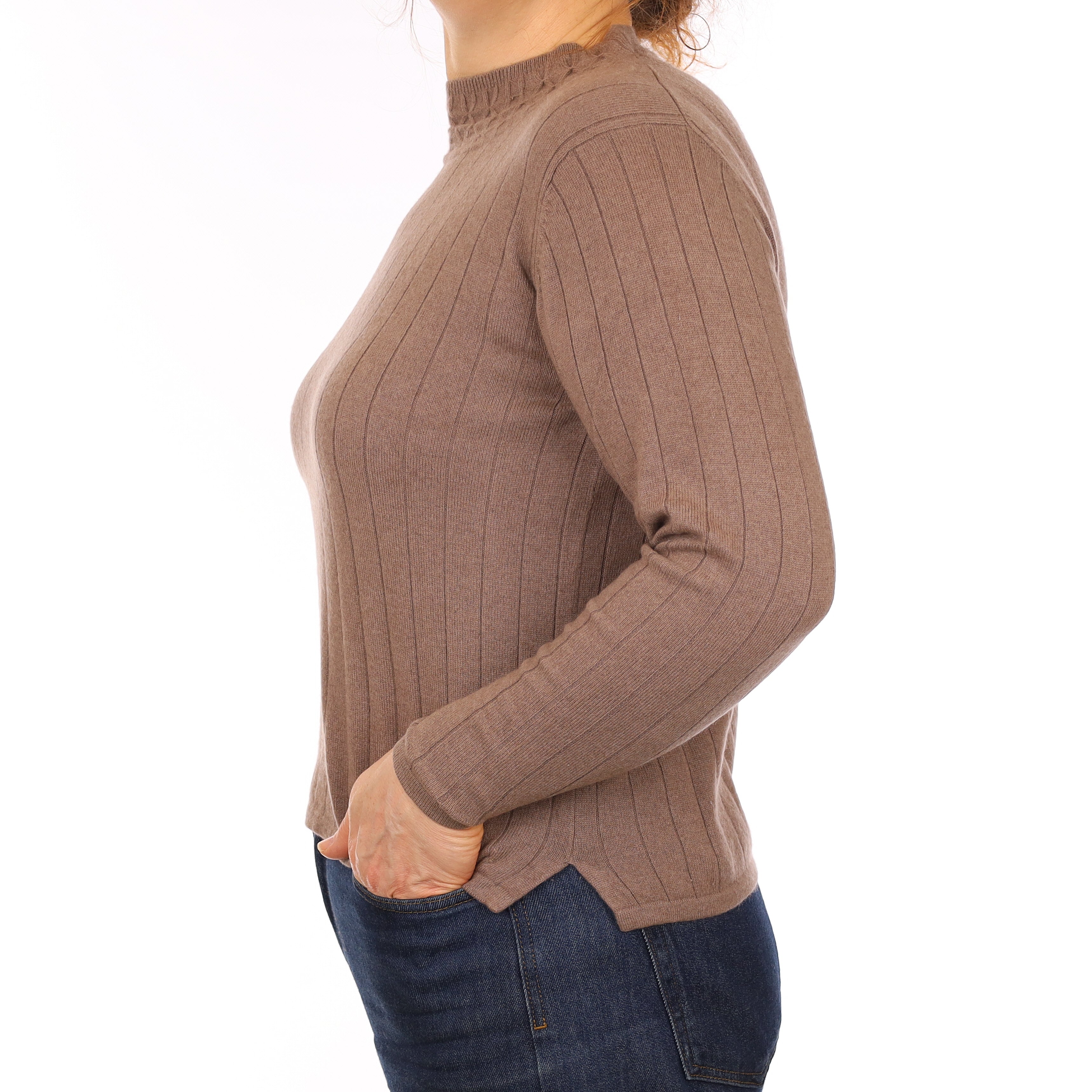 Mocha Brown Rib Cashmere Turtle Neck Jumper Medium