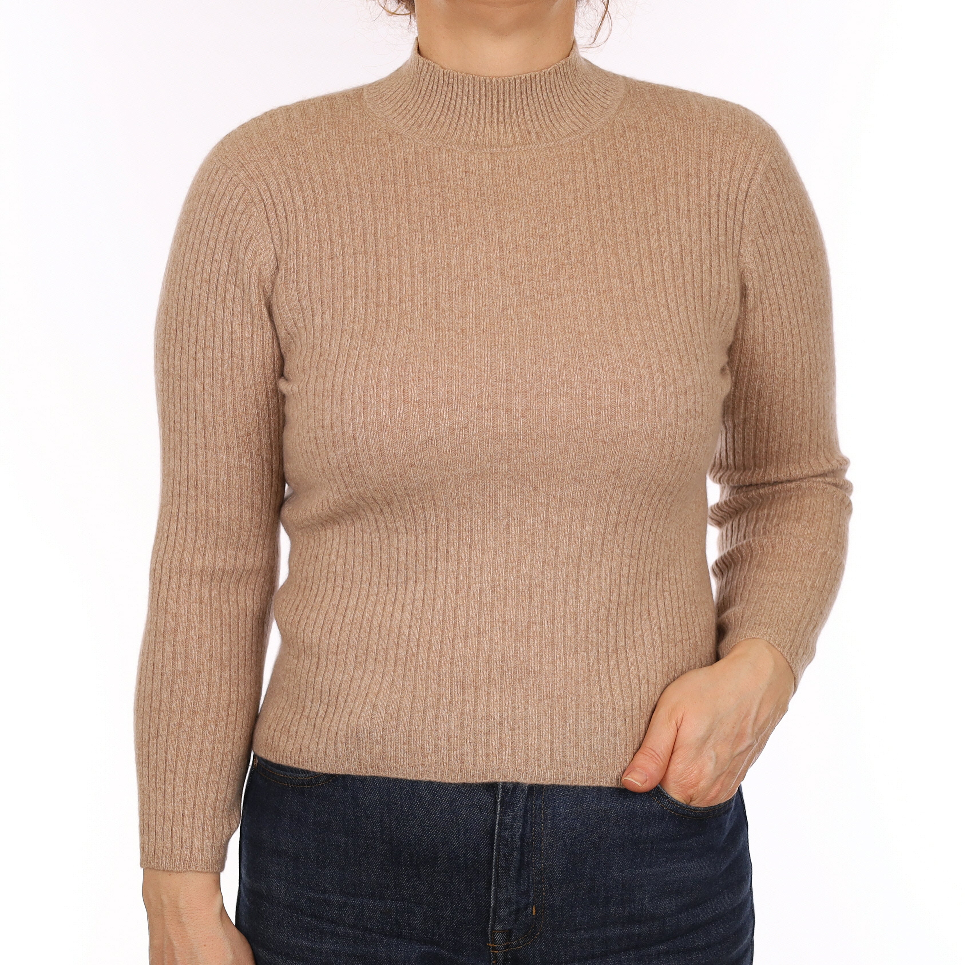 Fawn Beige Rib Cashmere Turtle Neck Jumper Medium