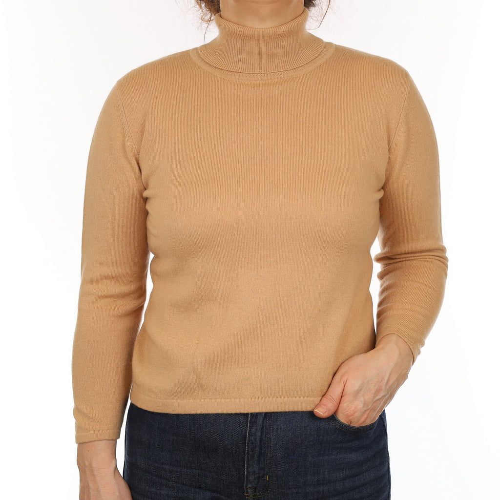 Camel Brown Cashmere Polo Neck Jumper Medium