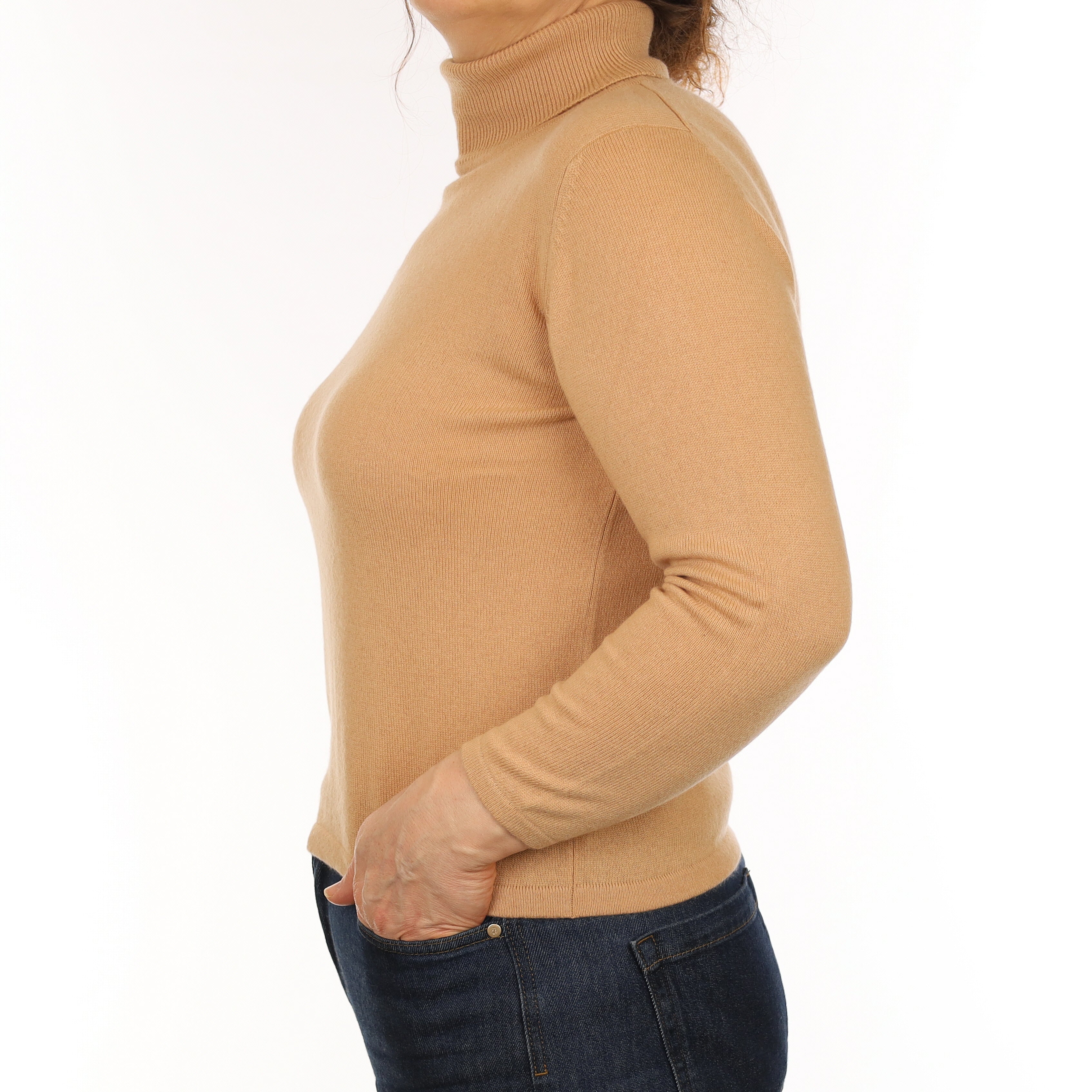 Camel Brown Cashmere Polo Neck Jumper Medium