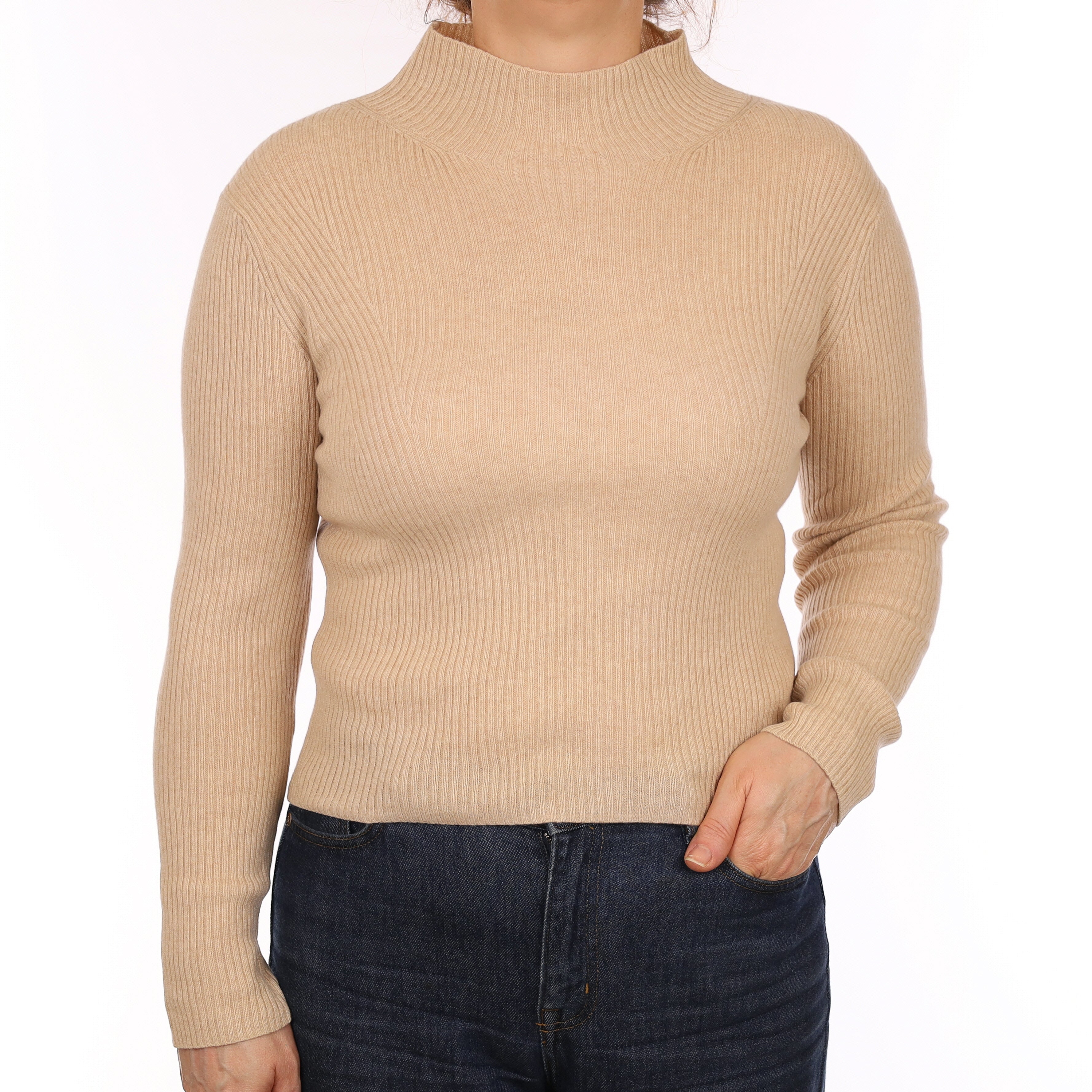 Beige Brown Ribbed Cashmere Turtle Neck Jumper Medium