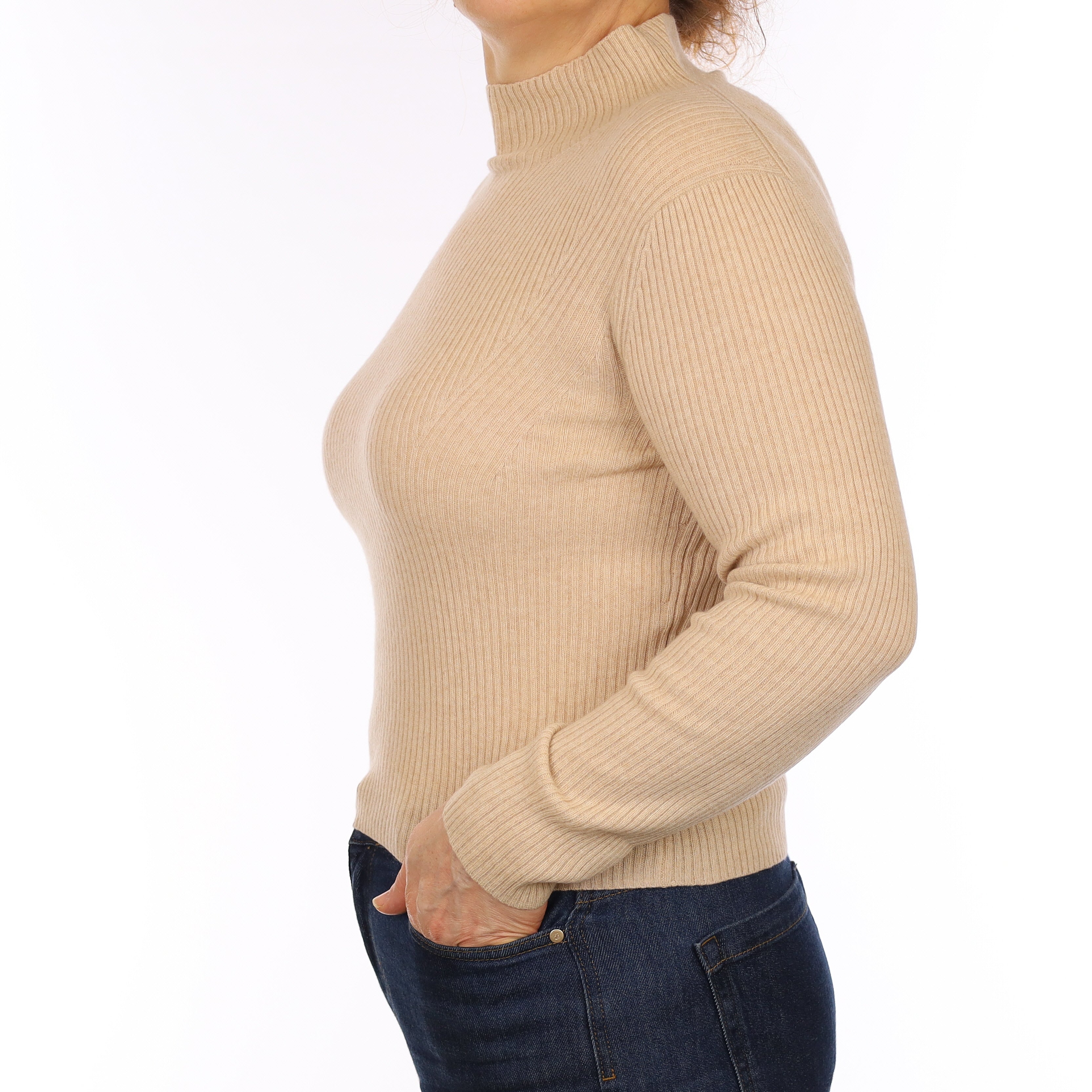 Beige Brown Ribbed Cashmere Turtle Neck Jumper Medium