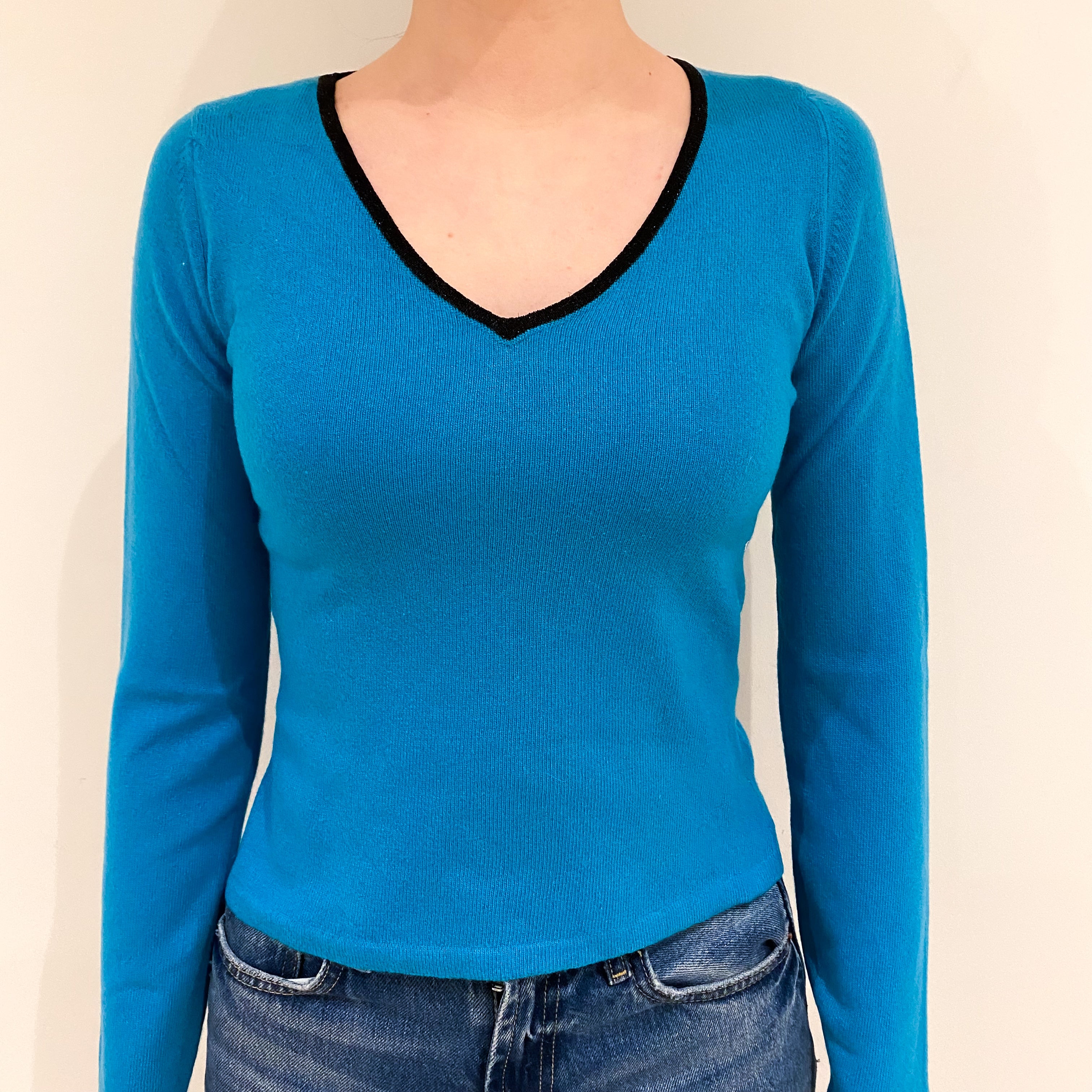 Turquoise Blue Black Trim Cashmere V Neck Jumper Extra Small